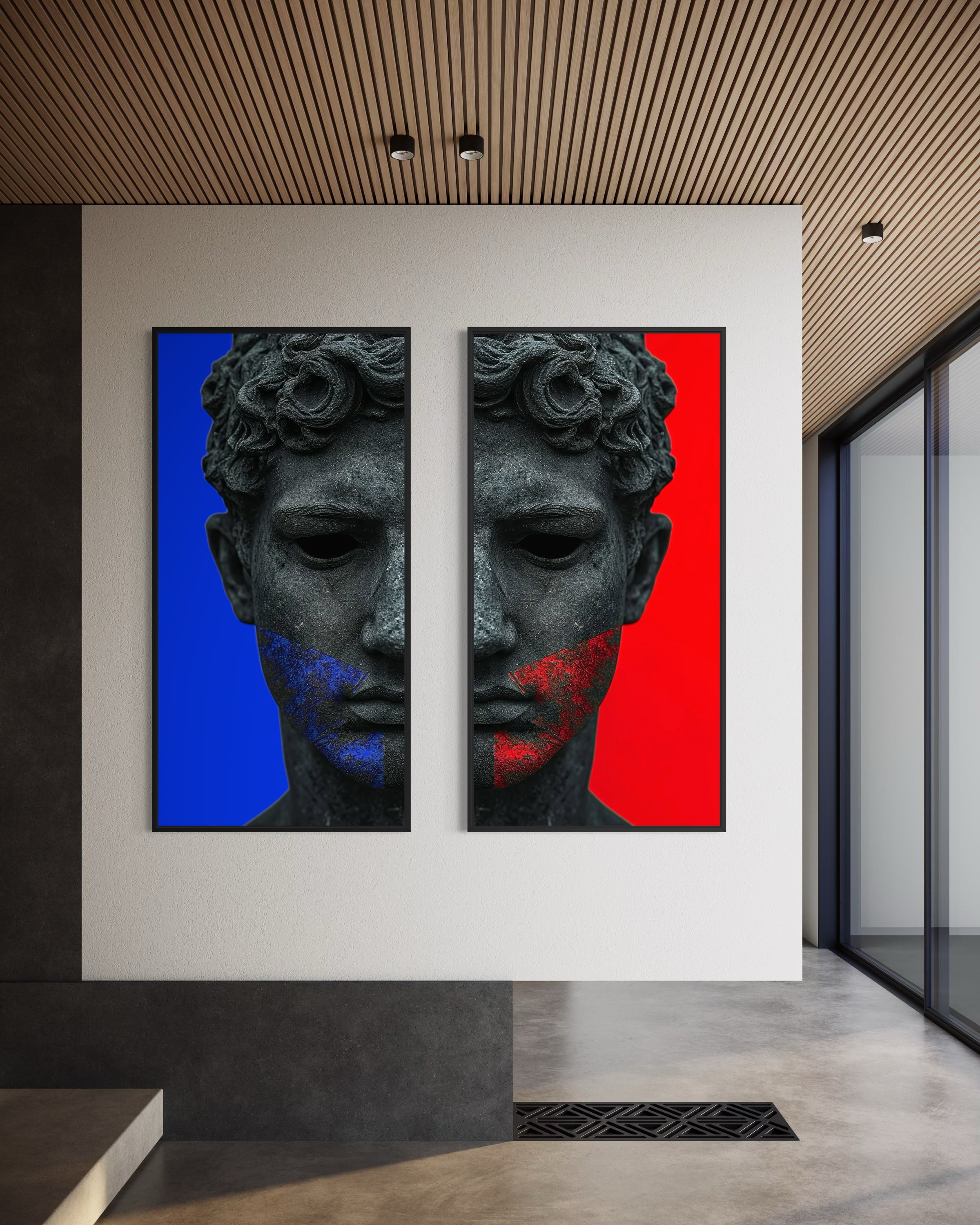 Set di 2 stampe con busto di statua nero, sfondi blu e rosso