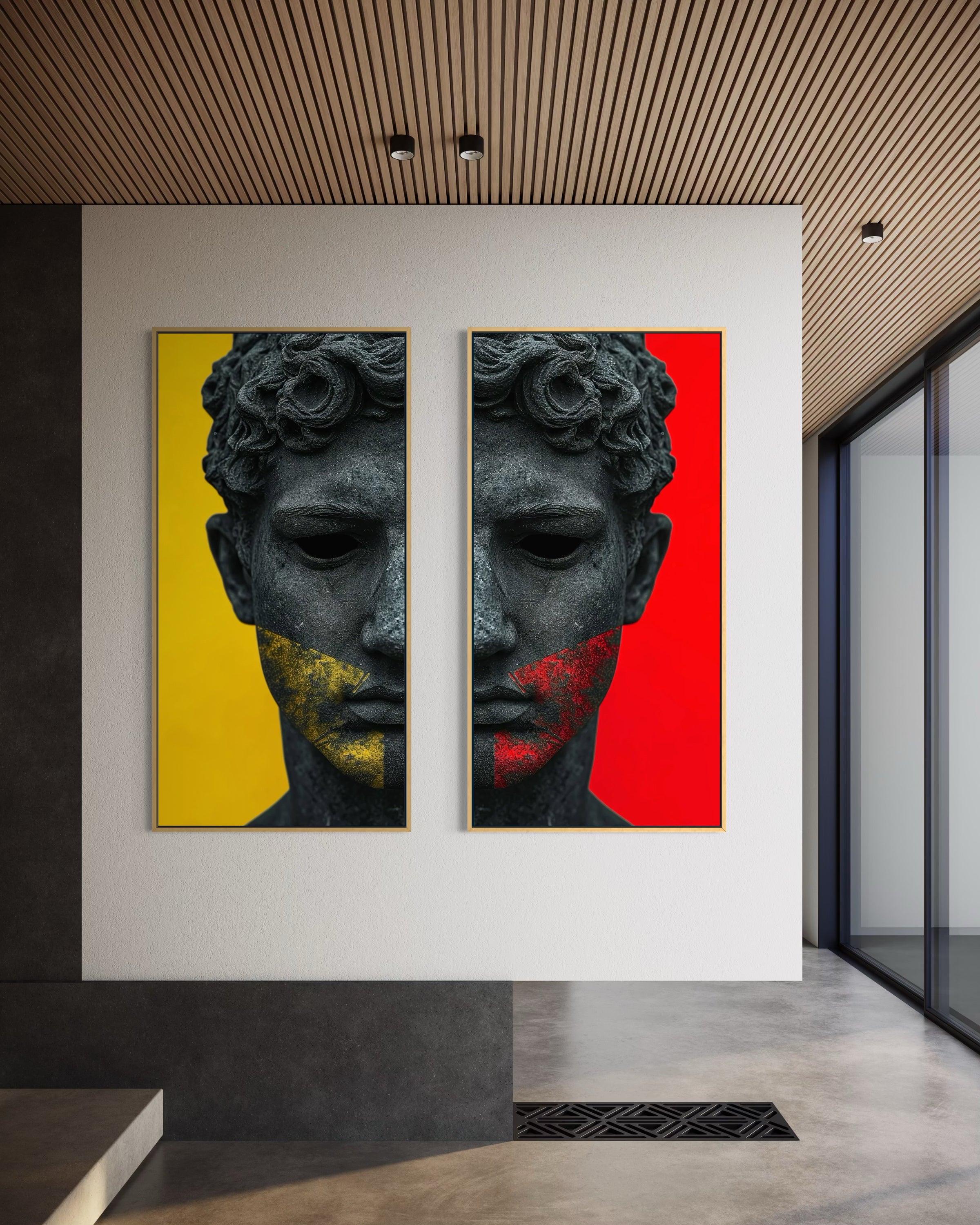 Set di 2 stampe con busto di statua nero, sfondi giallo e rosso