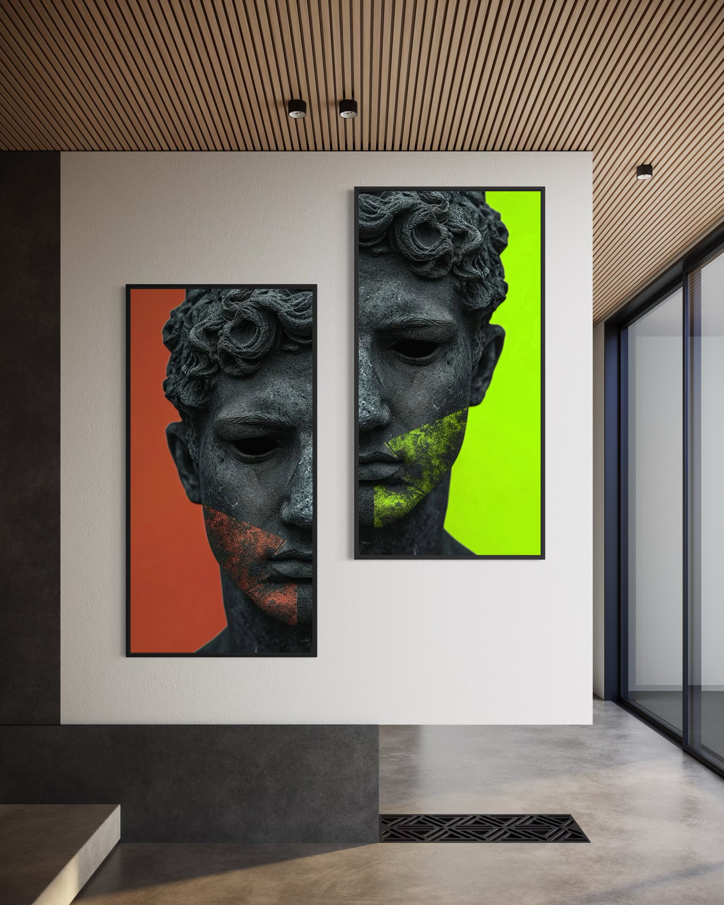 Set di 2 stampe con busto di statua nero, sfondi arancione e verde fluo