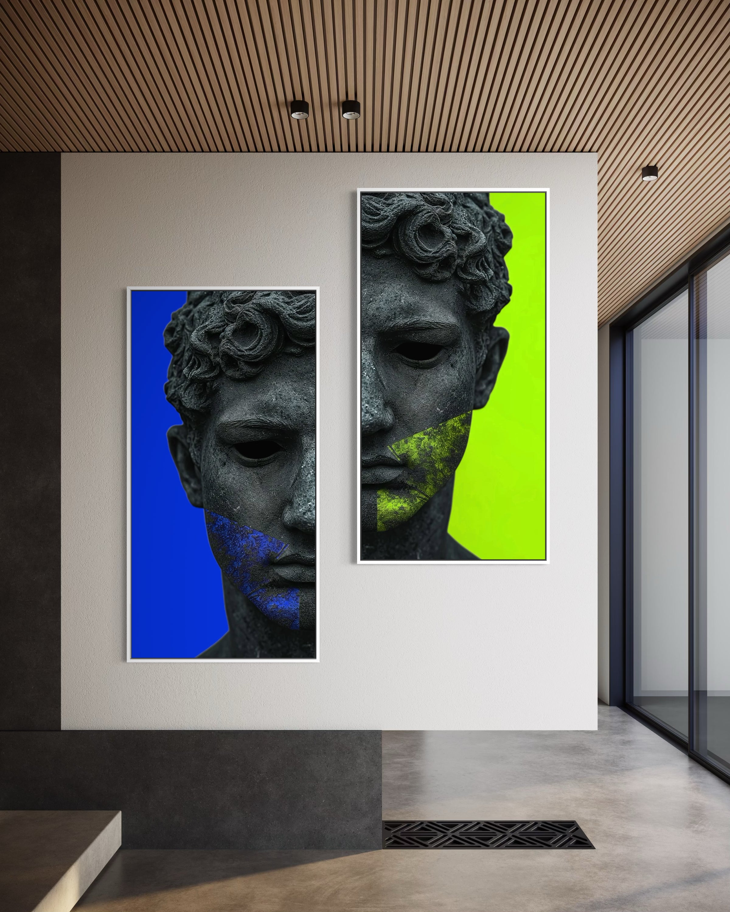 Set di 2 stampe con busto di statua nero, sfondi blu e verde fluo