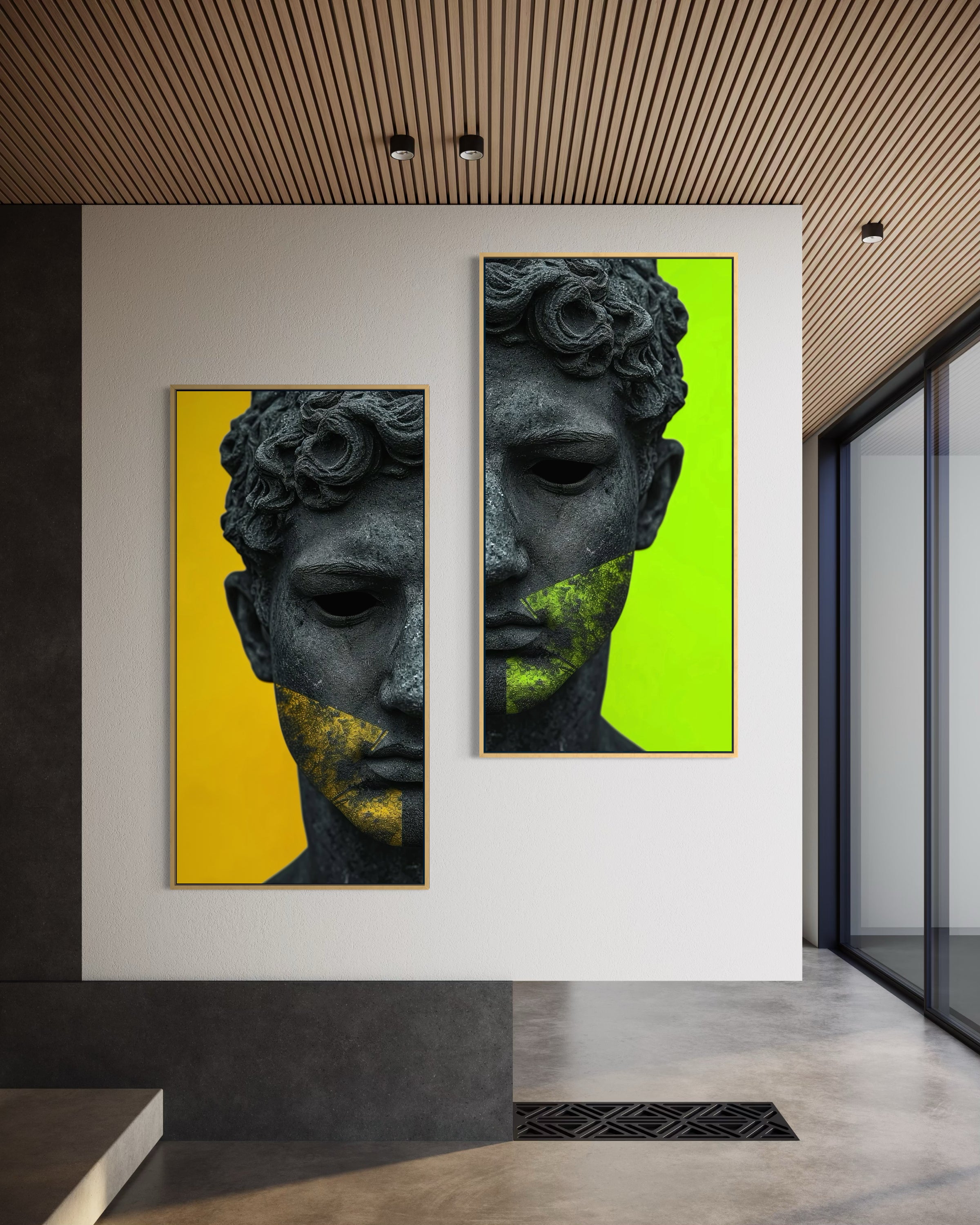 Set di 2 stampe con busto di statua nero, sfondi giallo e verde fluo