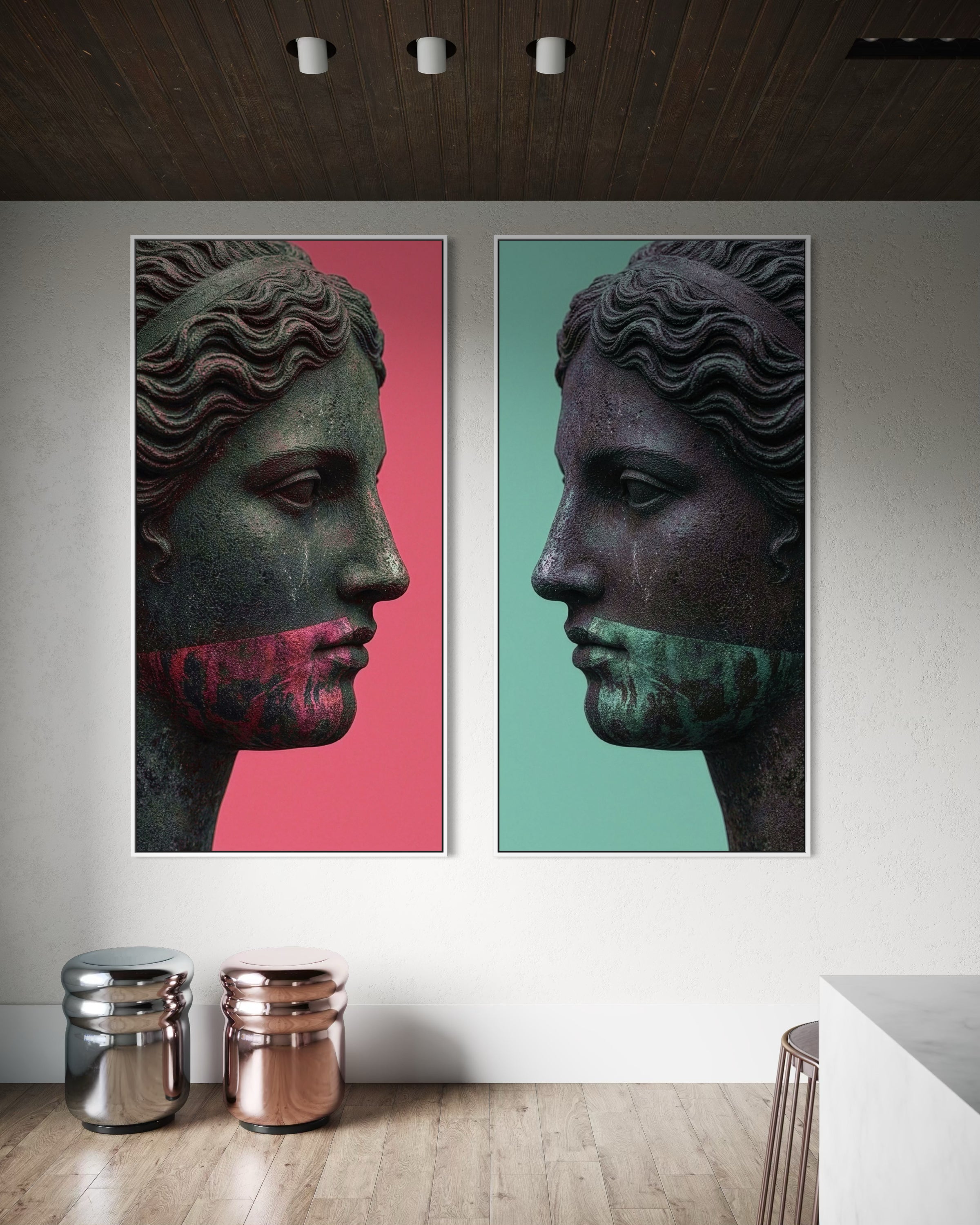Set di 2 stampe con profili di donna, sfondo rosso e verde-azzurro