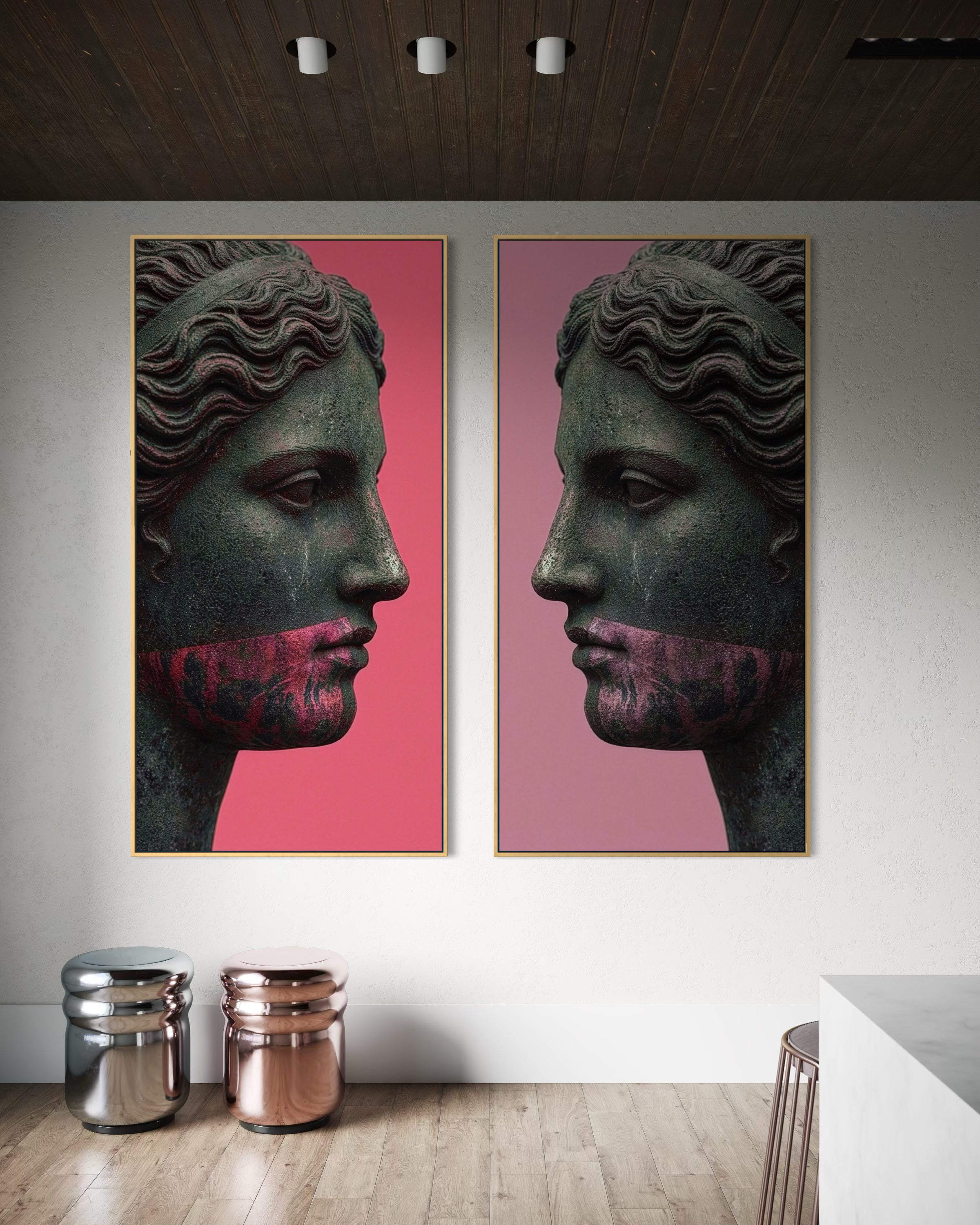 Set di 2 stampe con profili di donna, sfondo rosso e rosa