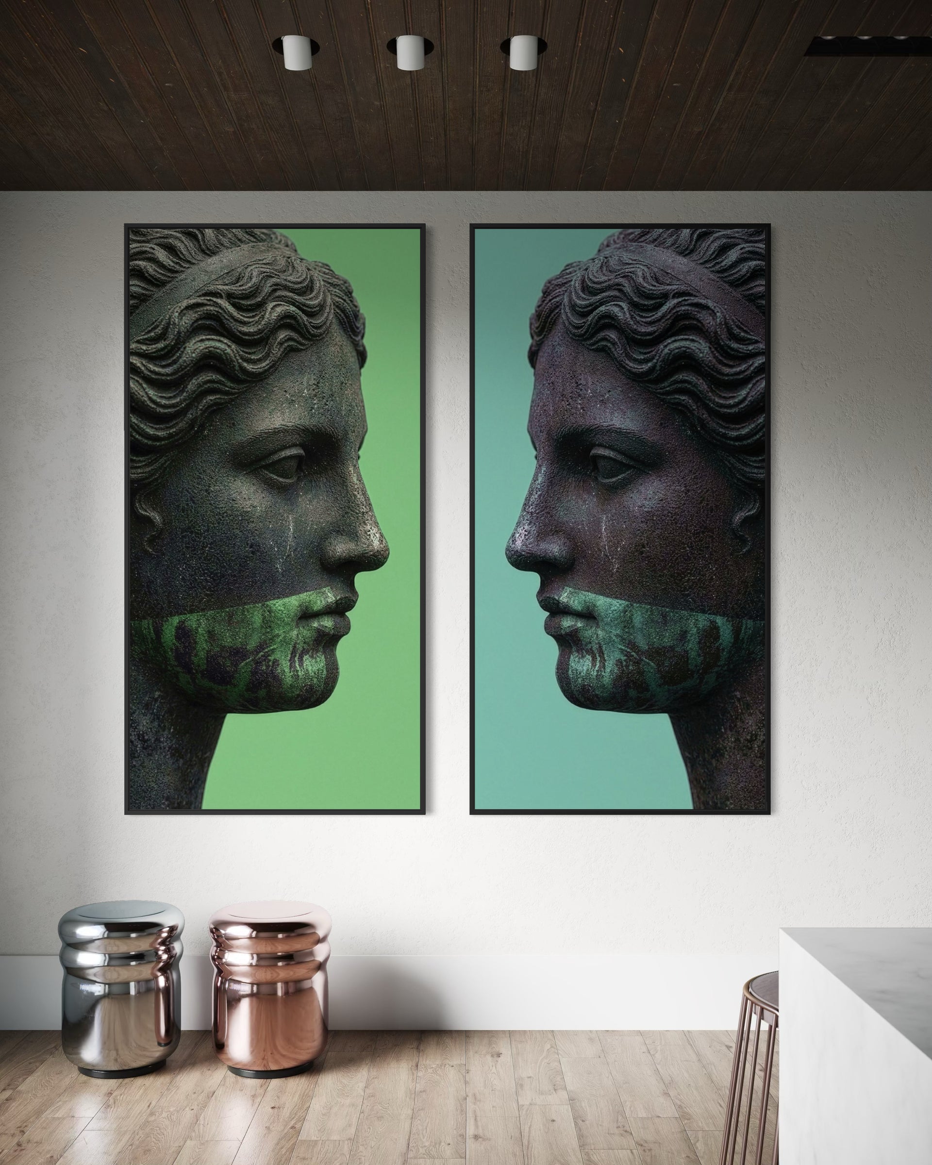 Set Mistica con 2 stampe volto in pietra, verde e azzurro