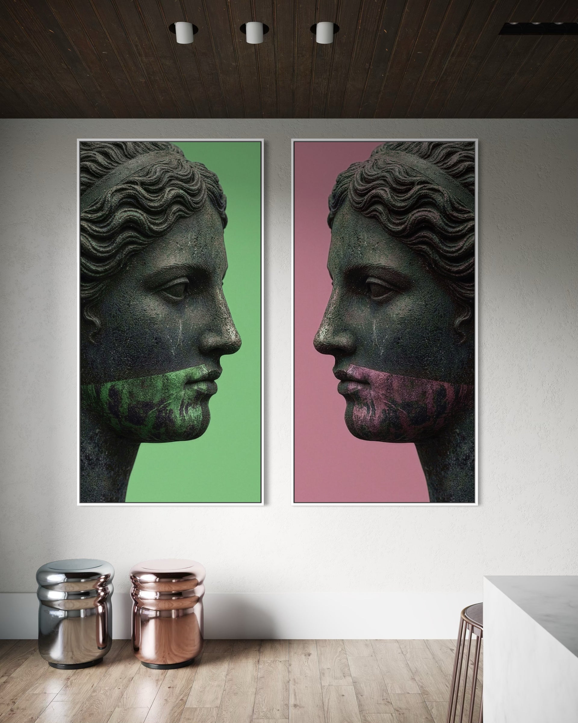 Set Mistica con 2 stampe volto in pietra, verde e rosa
