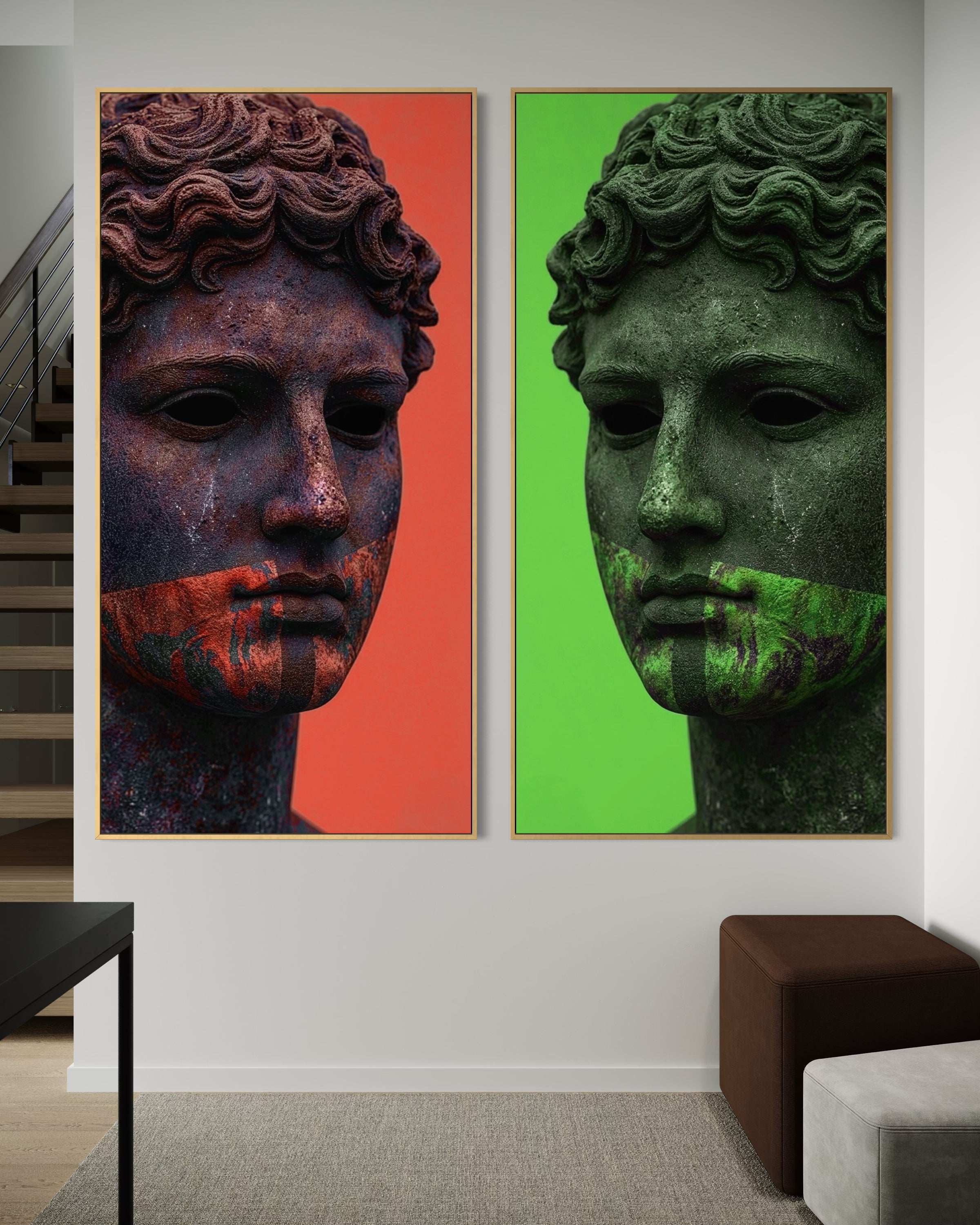 Set di 2 stampe con busto classico in cornici, sfondi arancione e verde.