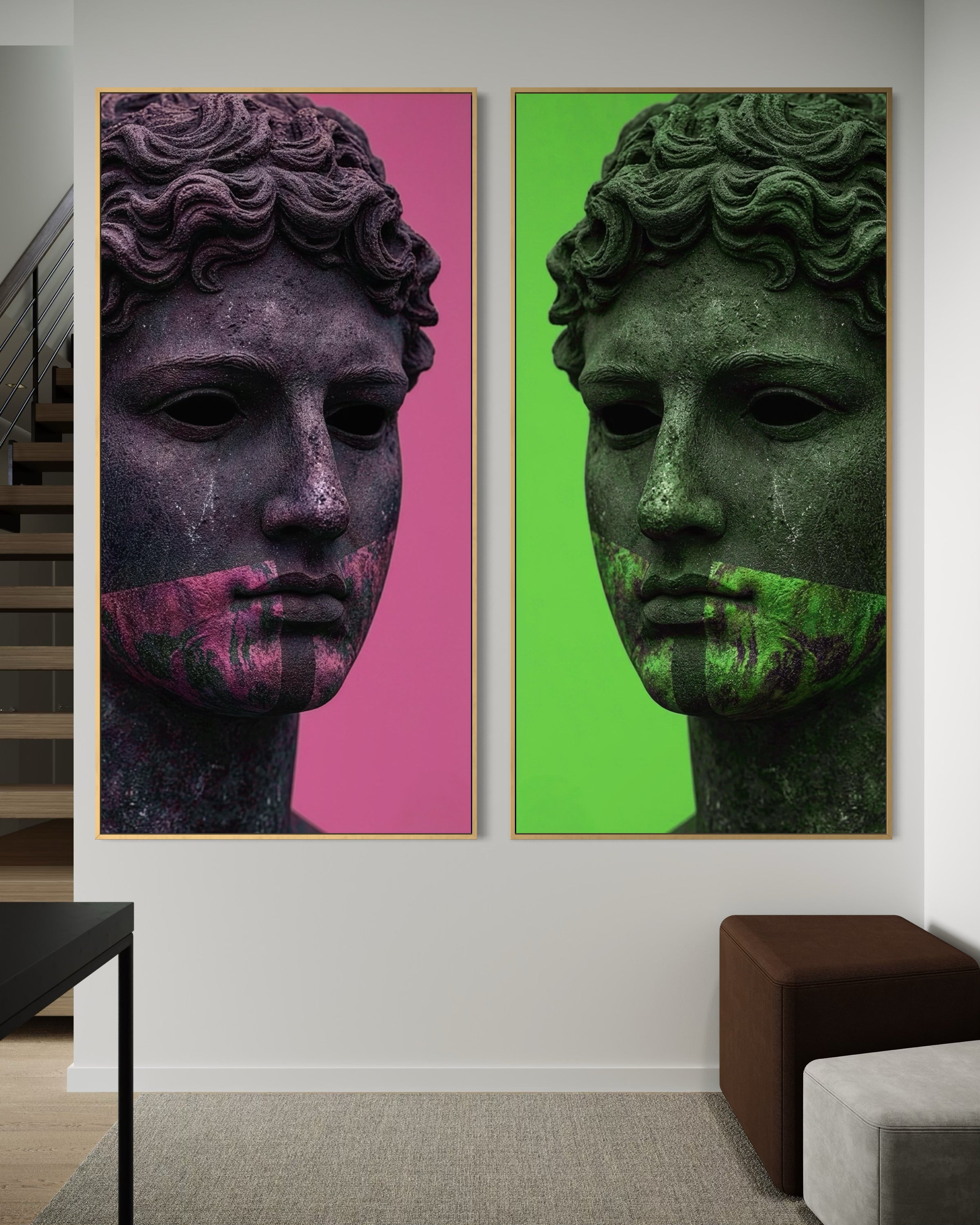 Set di 2 stampe con busto classico in cornici, sfondi rosa e verde.