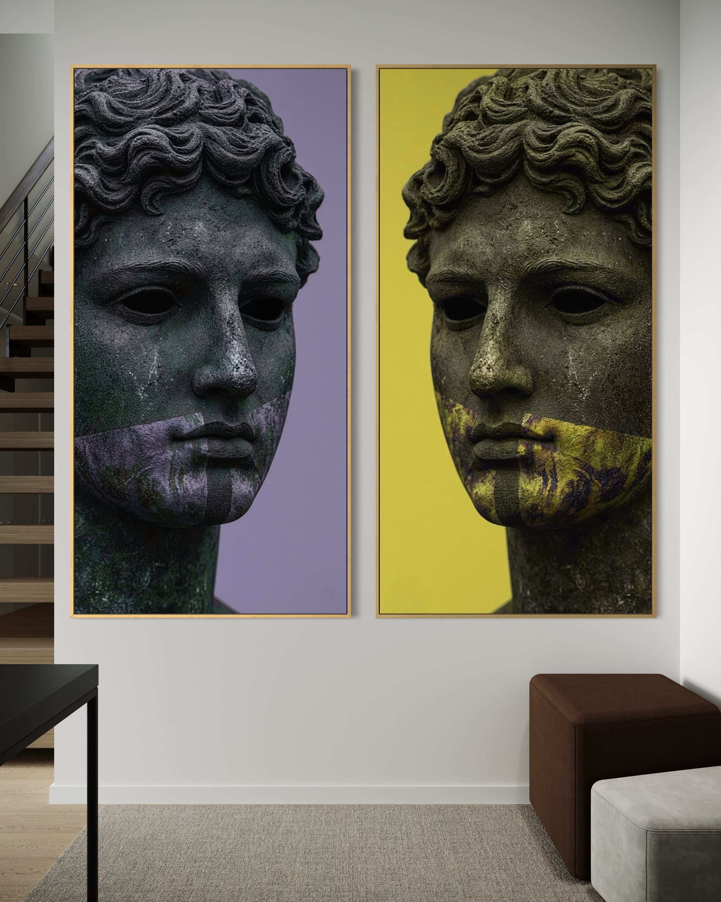 Set di 2 stampe con busto classico in cornici, sfondi grigio e giallo.