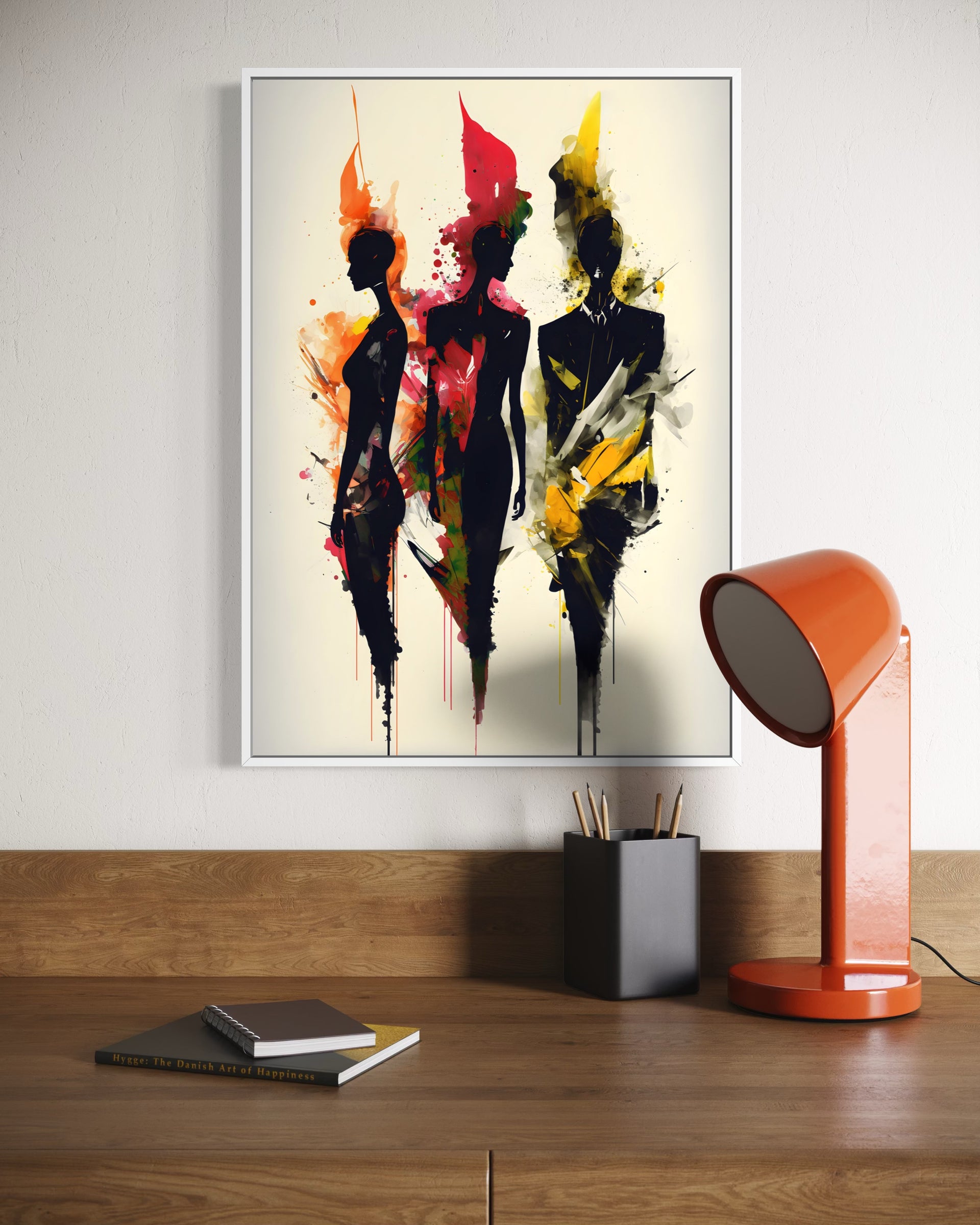 Future framed print with three colorful paint-splatter silhouettes, white border