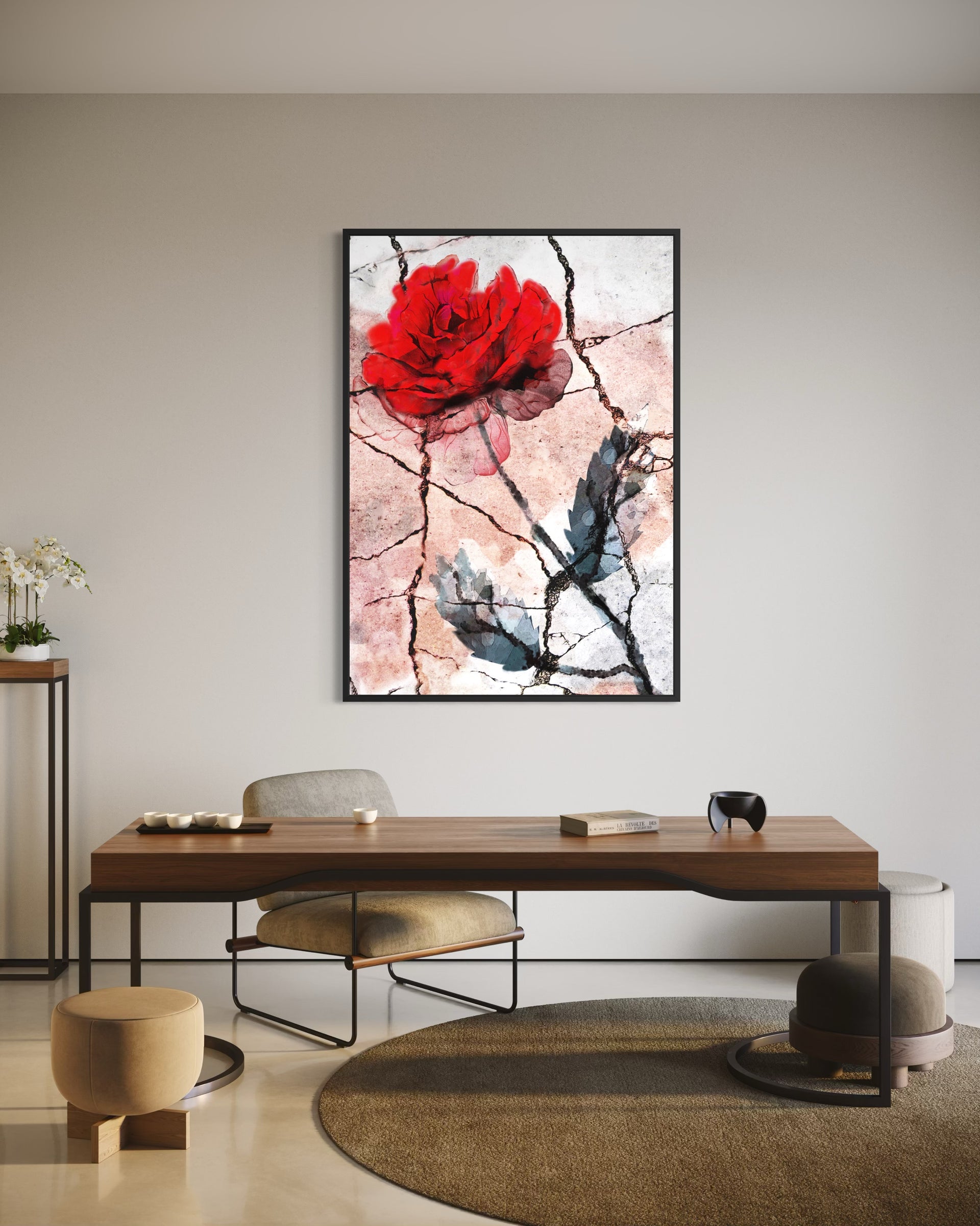 Stampa floreale singola con rosa rossa e rami, cornice scura