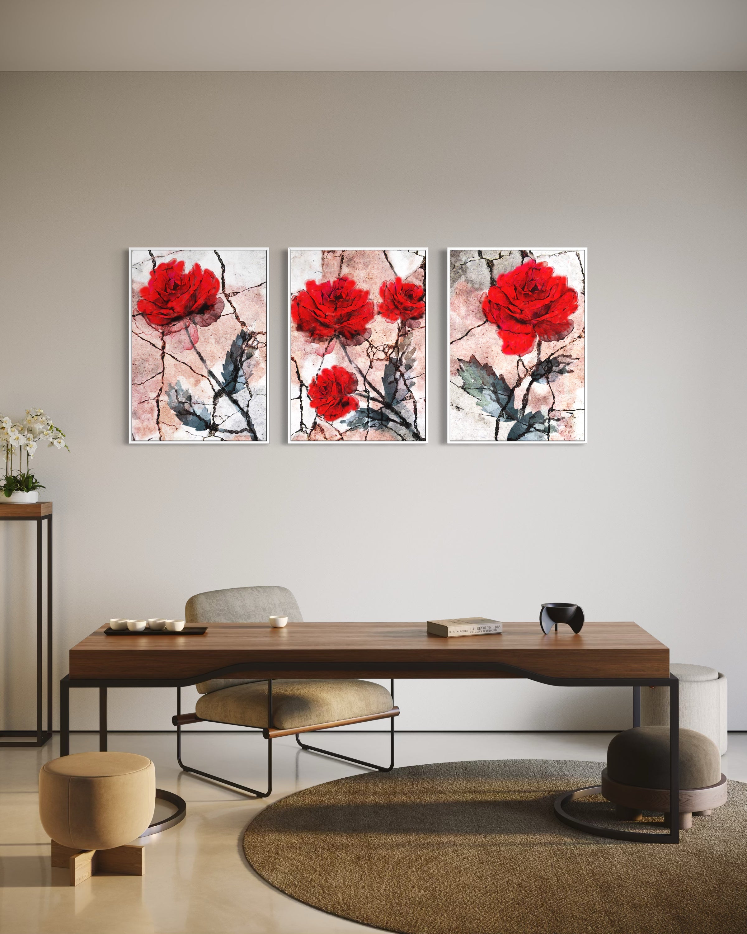 Set di 3 stampe floreali incorniciate con fiori rossi e rami