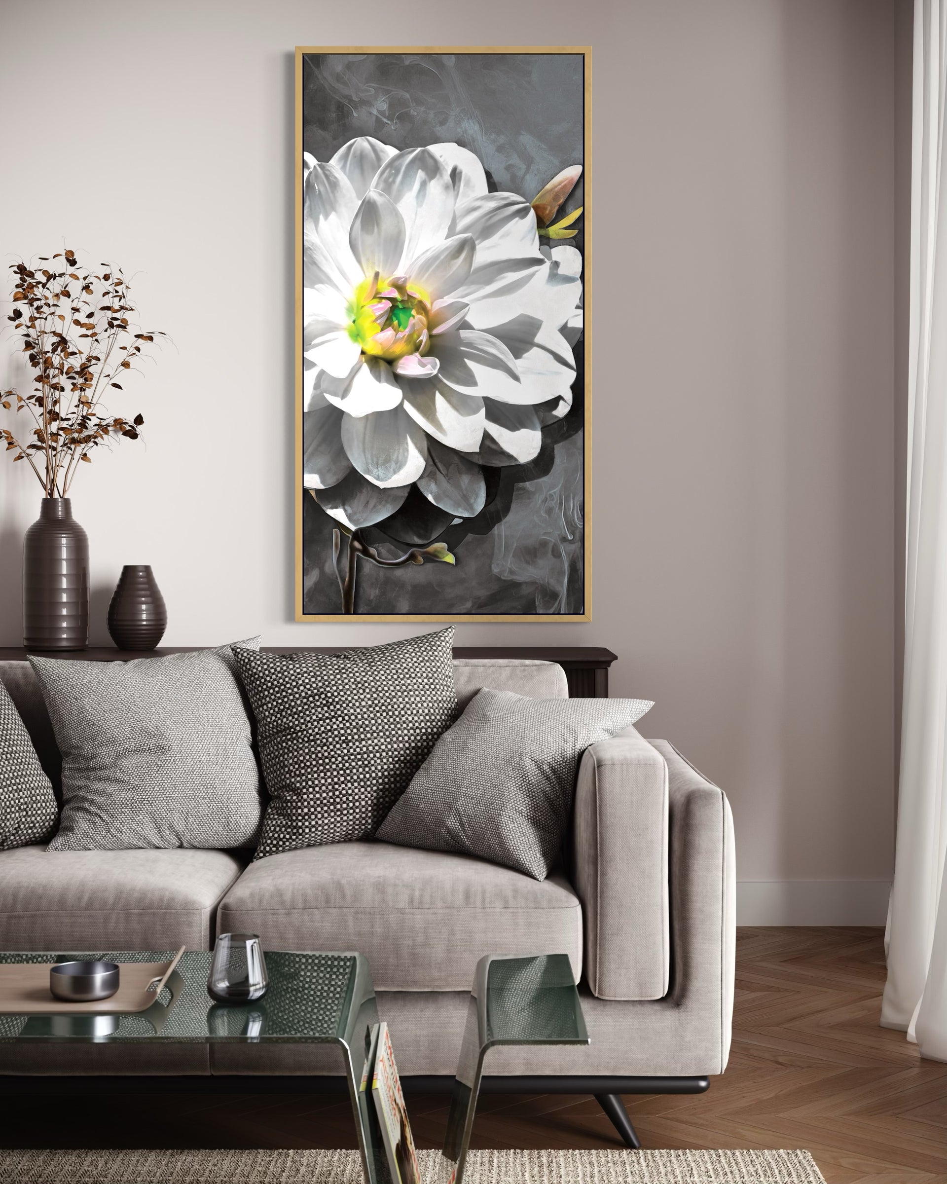 Purezza: stampa floreale con fiore bianco e boccioli, cornice oro