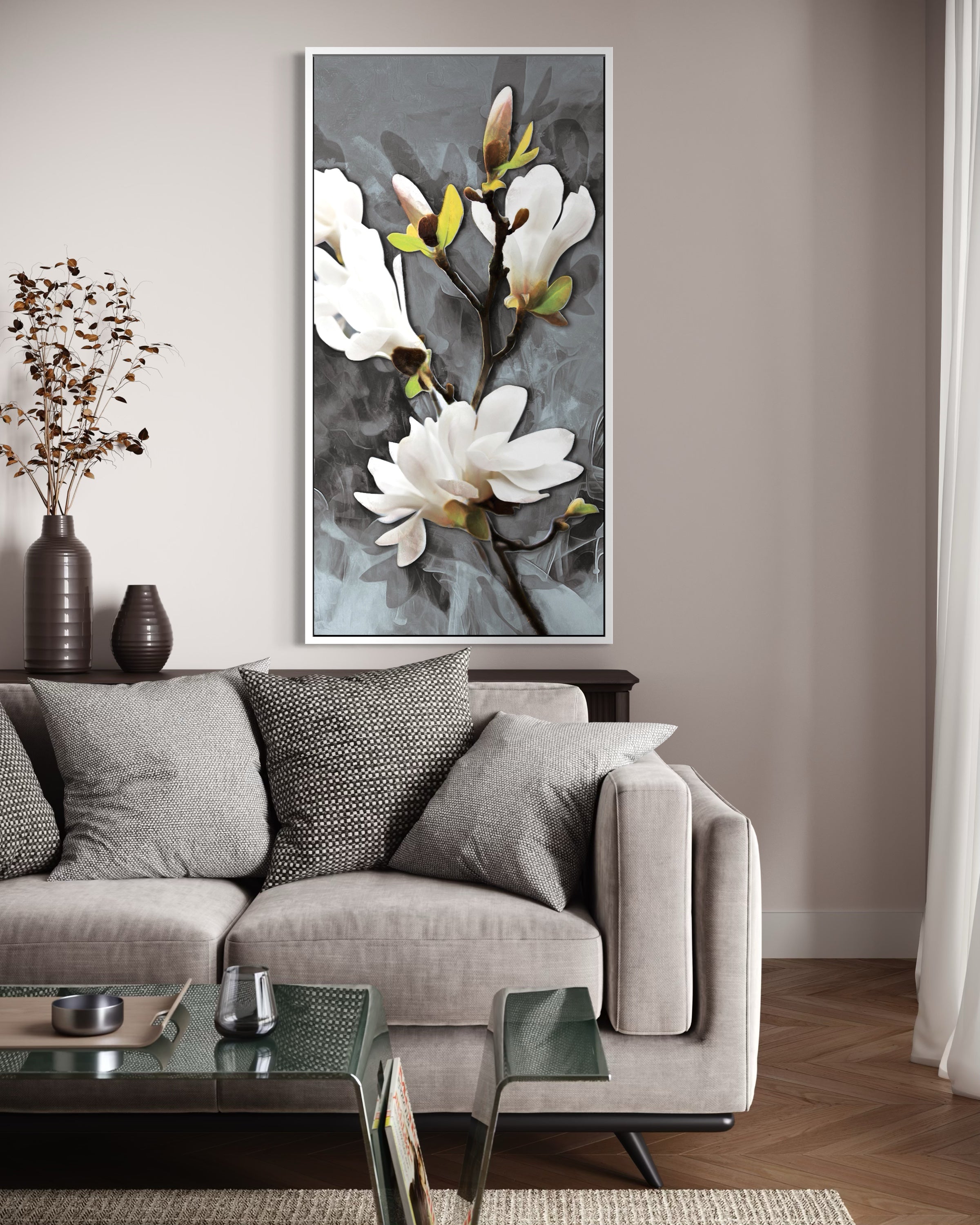 Purezza: ramo con fiori bianchi e germogli gialli, stampa su sfondo grigio, cornice nera