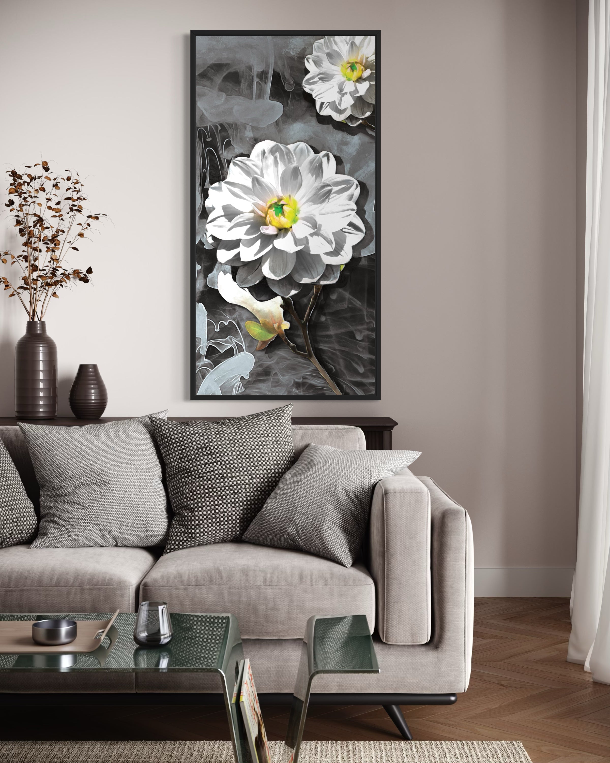 Purezza: stampa floreale in bianco e giallo con sfumature grigie, cornice nera