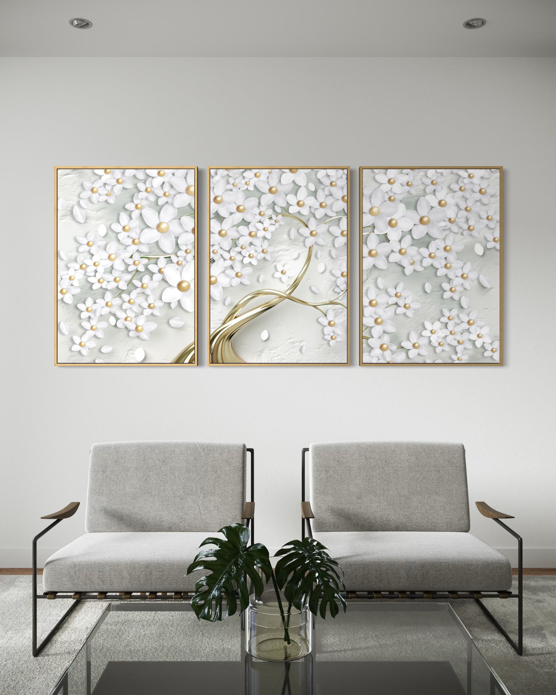 Candido, stampa floreale bianca con cornice oro, tre pannelli verticali