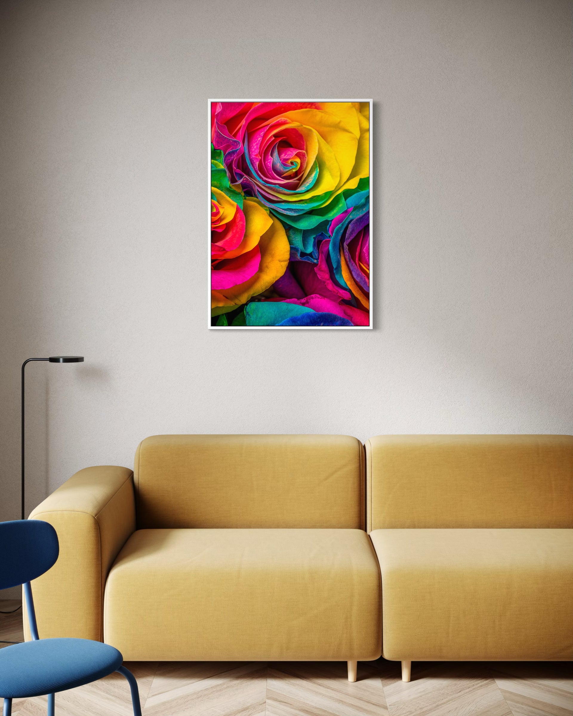Quadro con rosa multicolore, cornice bianca
