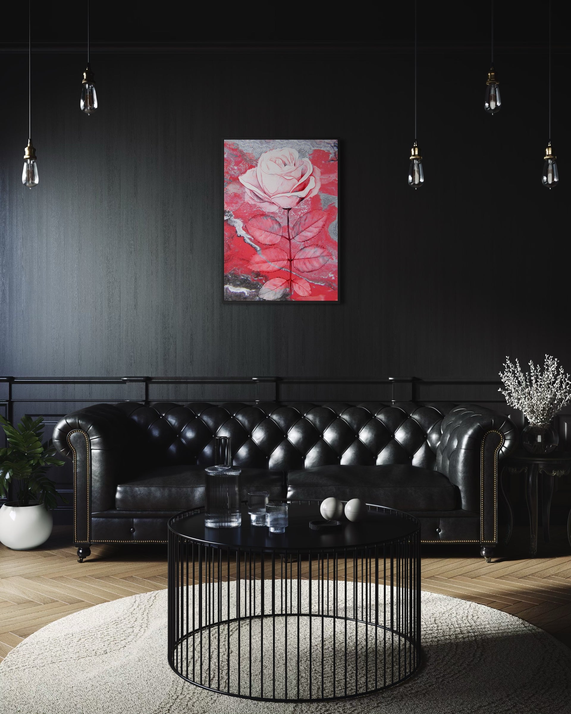 Grey pink framed rose print with large white flower and pink background (fiore 1)