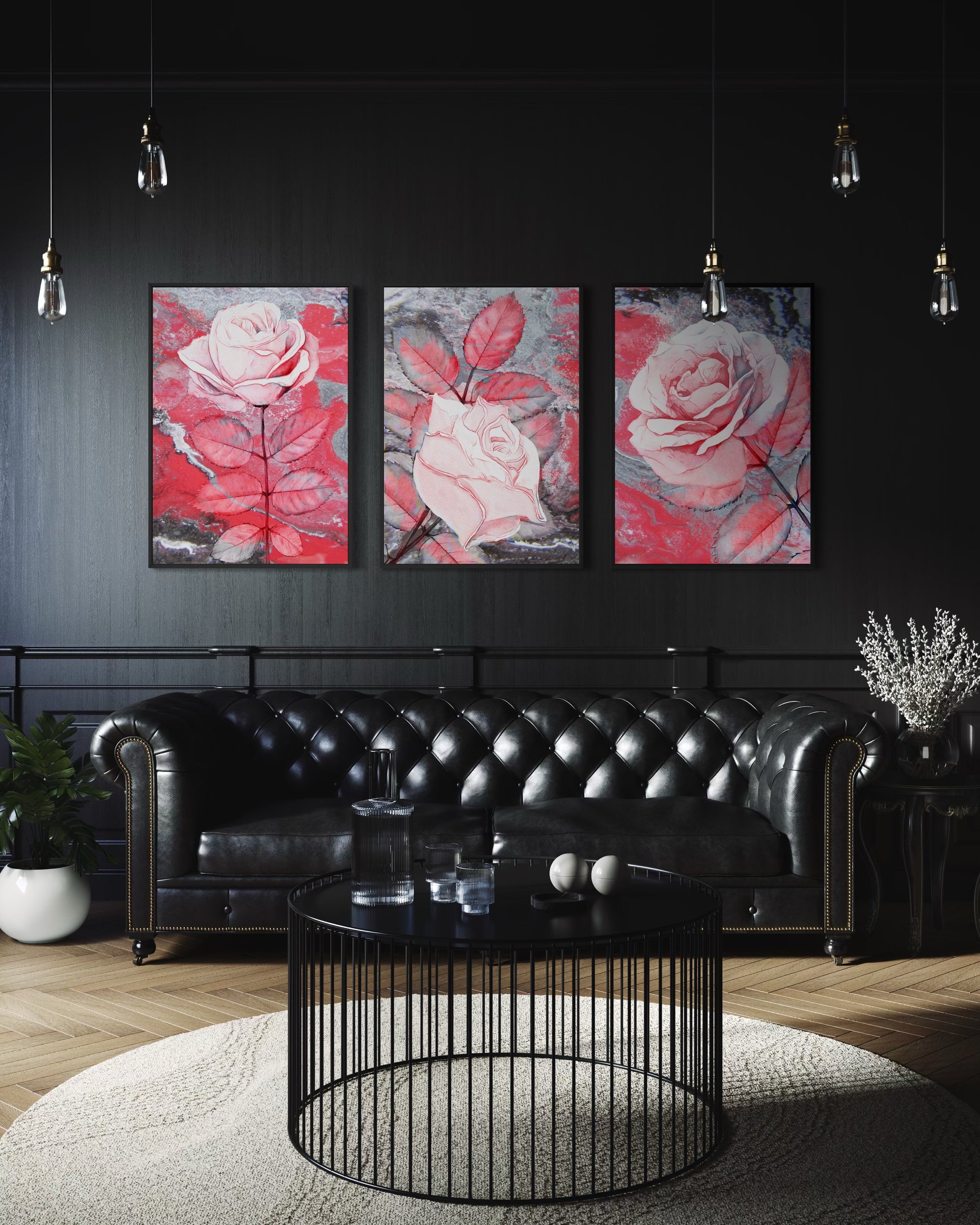 Grey pink wall art set, three framed rose prints with pink and grey tones (tutti)