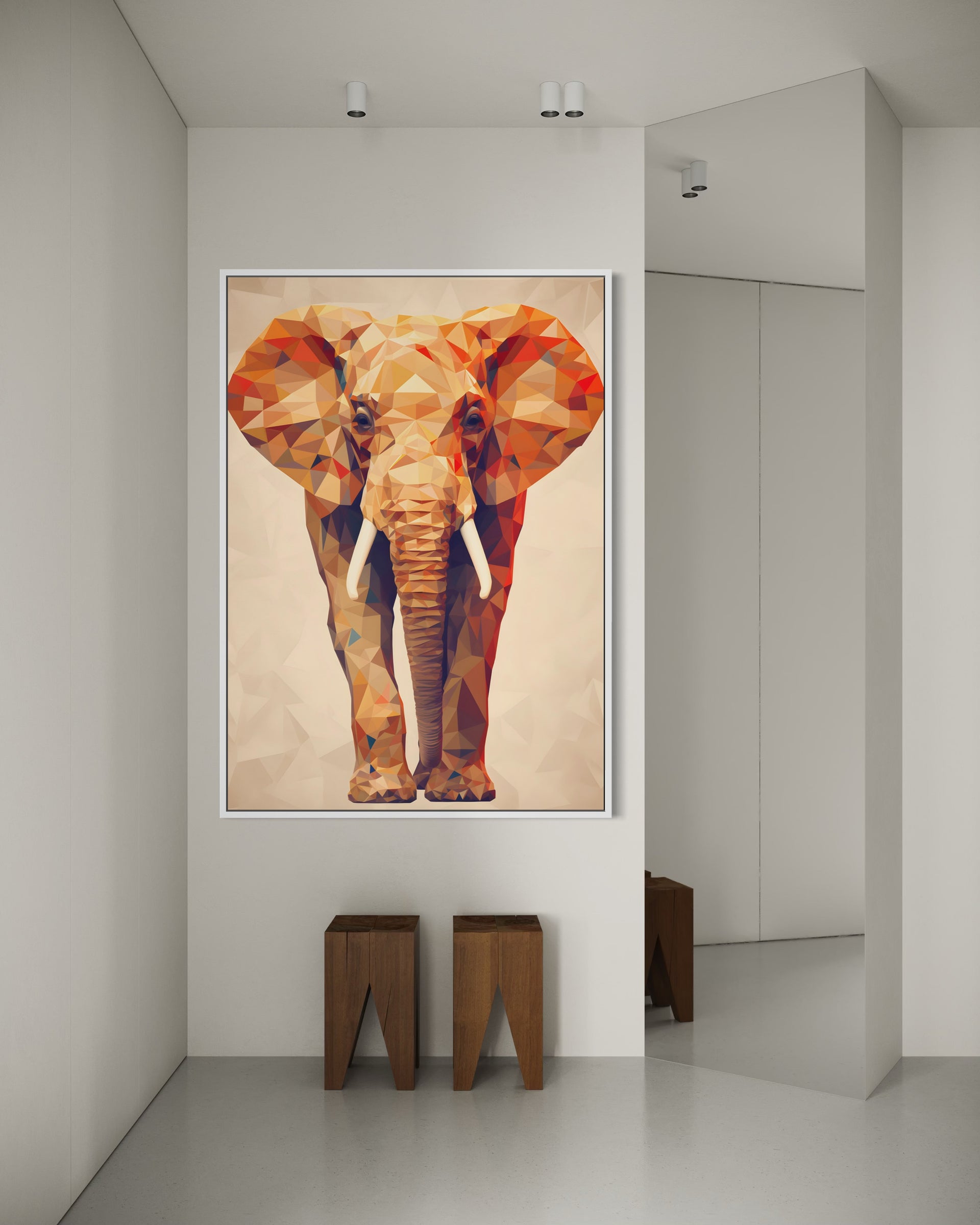 Memoria di Argilla e Sole: elefante geometrico in cornice chiara