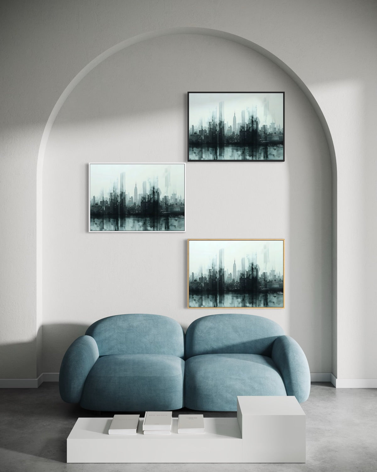 Set di 3 stampe incorniciate con skyline urbano grigio-verde su sfondo chiaro