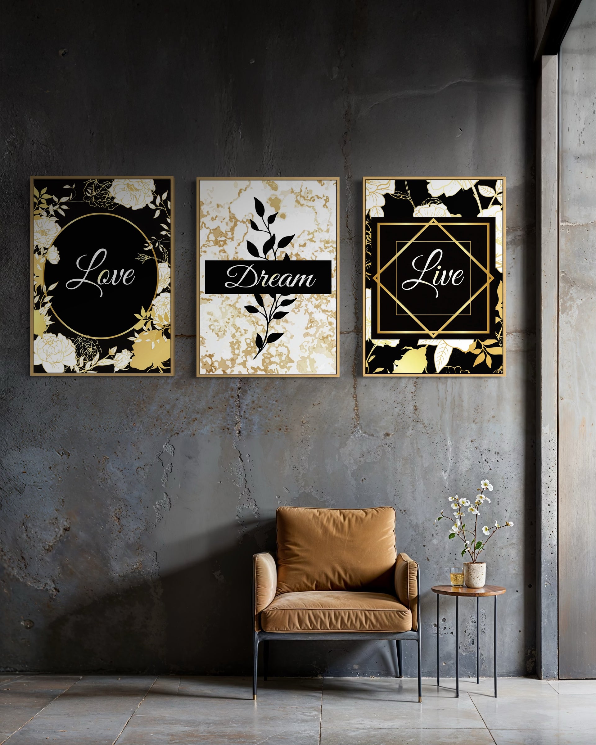 Golden Mantra wall art: three framed prints with Love, Dream, Live in gold