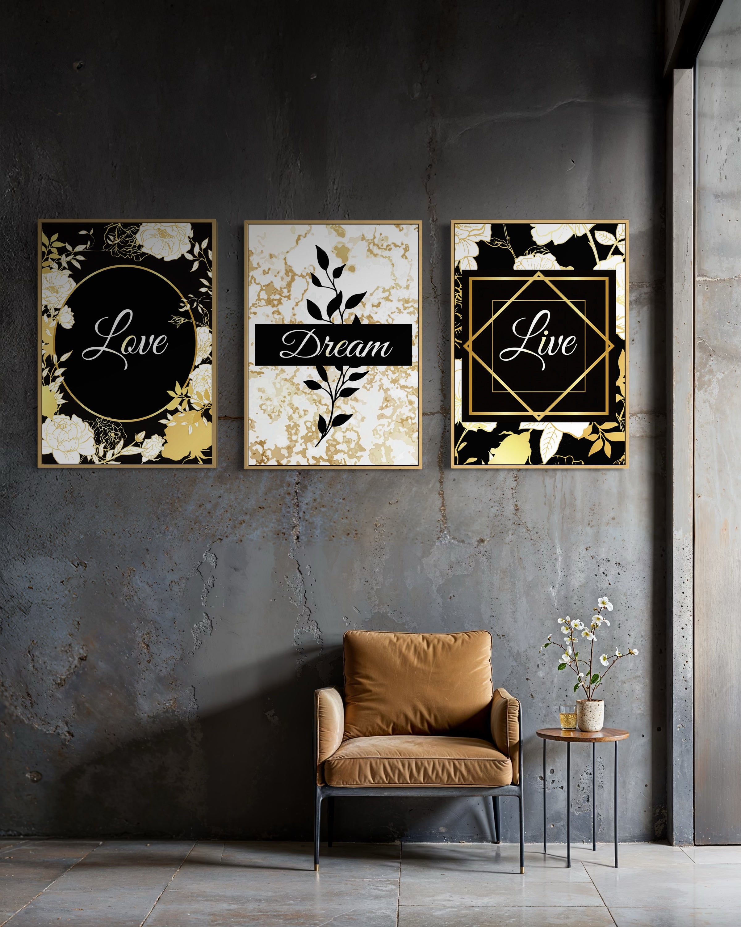 Set di 3 stampe incorniciate nere e oro con scritte Love Dream Live