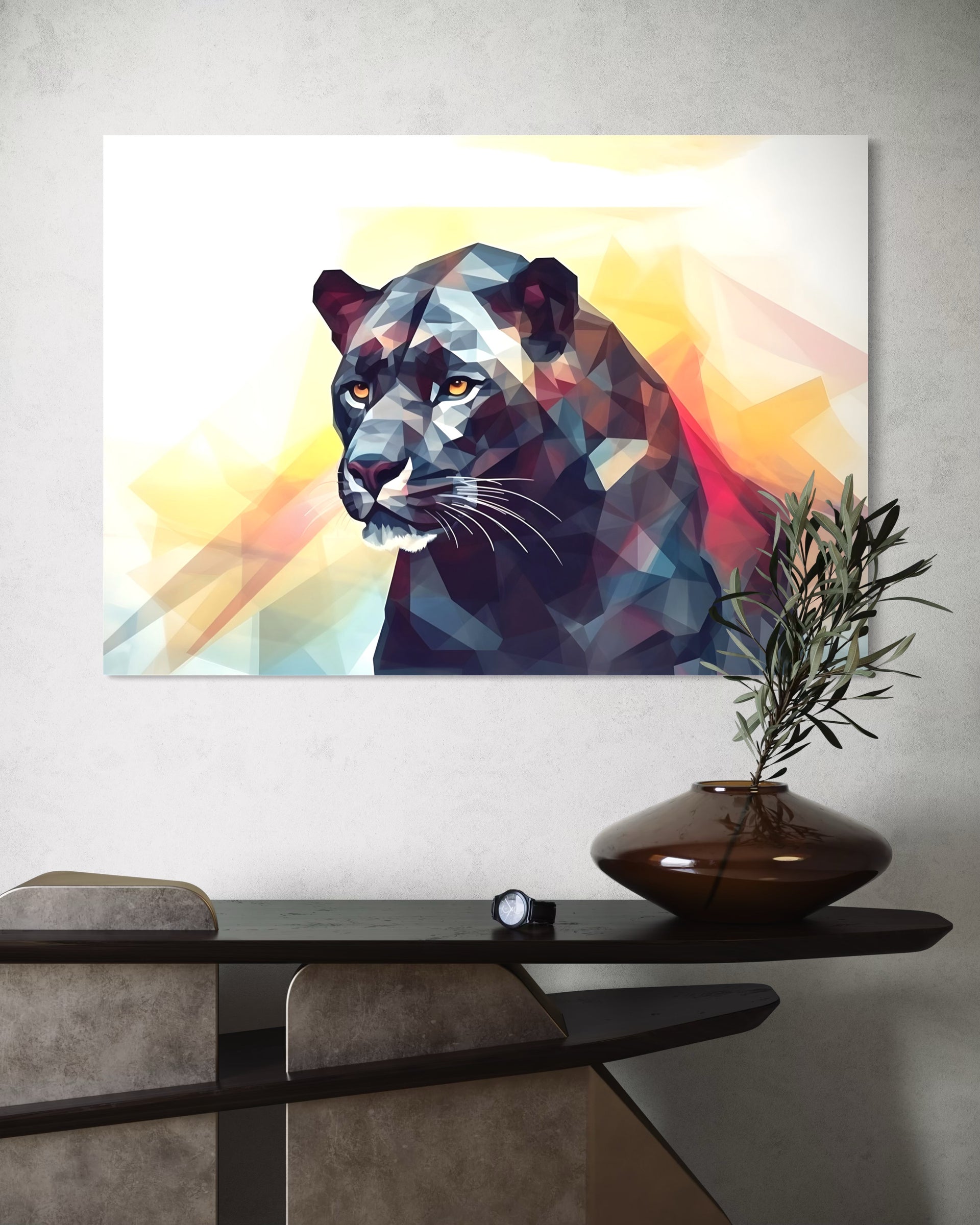 Ombra Poliedrica: quadro con leone in stile poligonale, colori scuri e vivaci