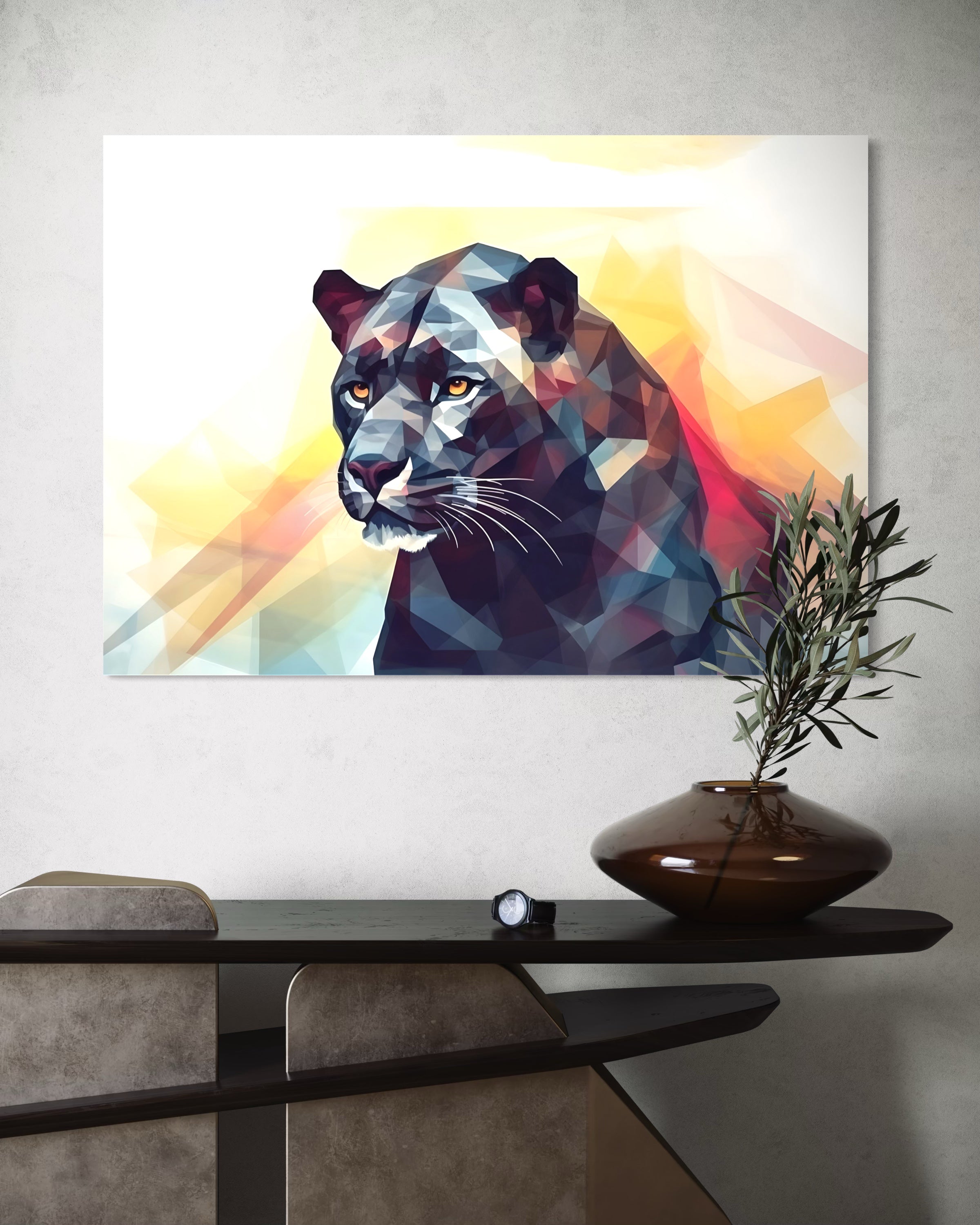 Ombra Poliedrica: quadro con leone in stile poligonale, colori scuri e vivaci