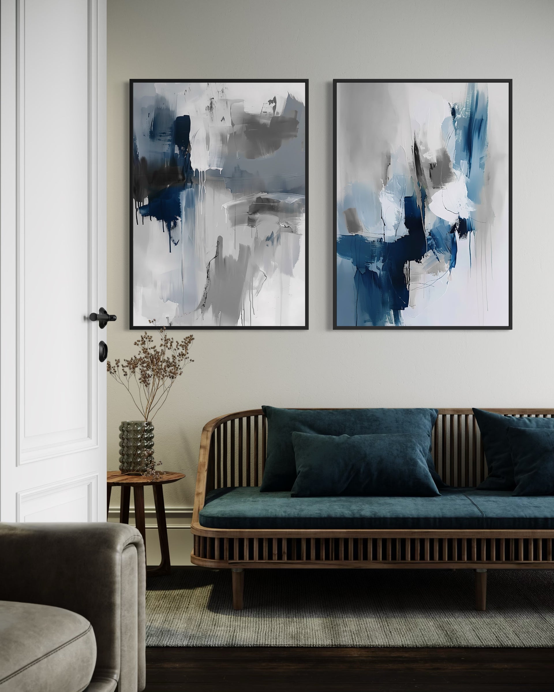 Dittico blu e grigio antracite con cornici nere, due opere astratte
