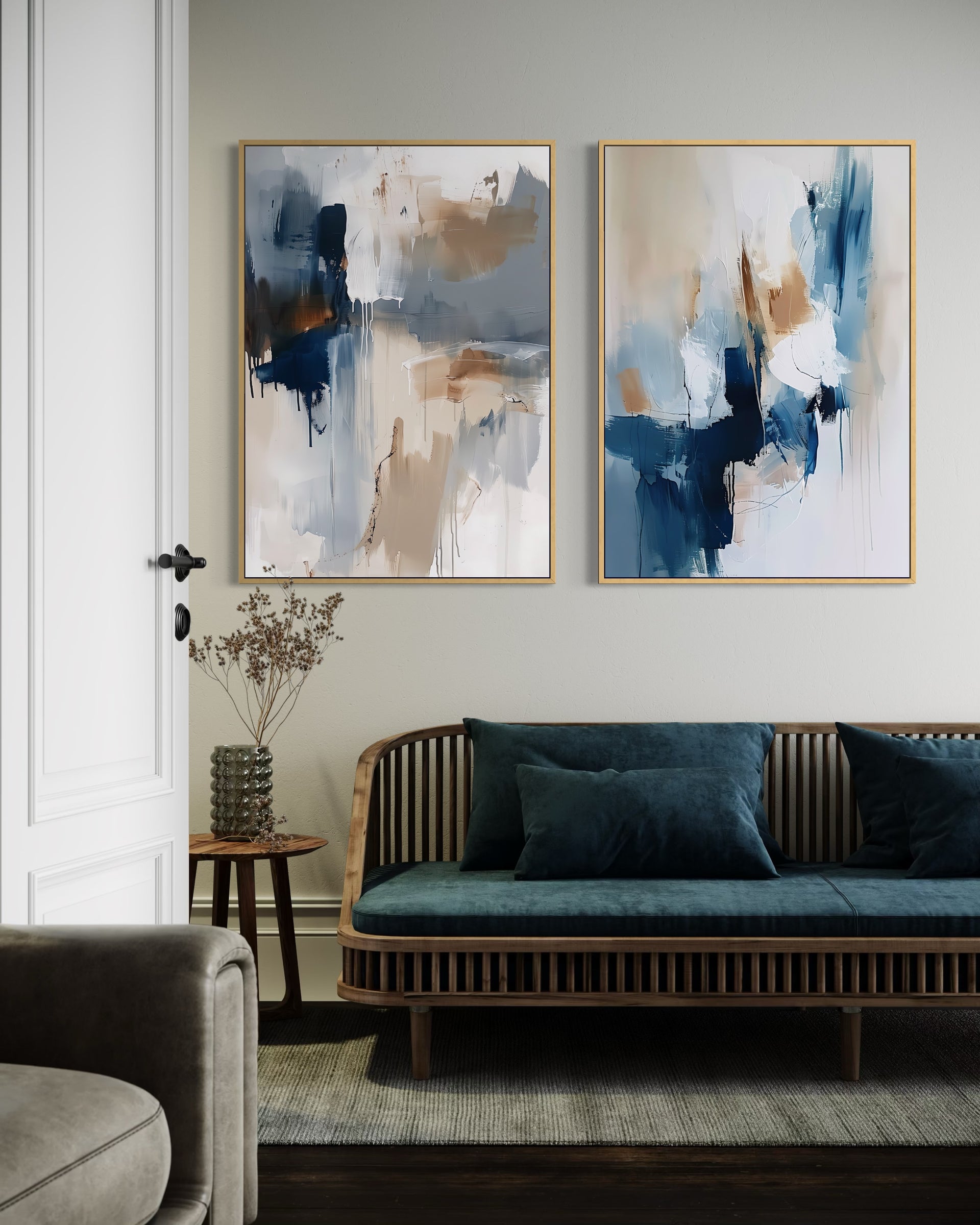 Dittico blu e grigio antracite con cornici dorate, due stampe astratte