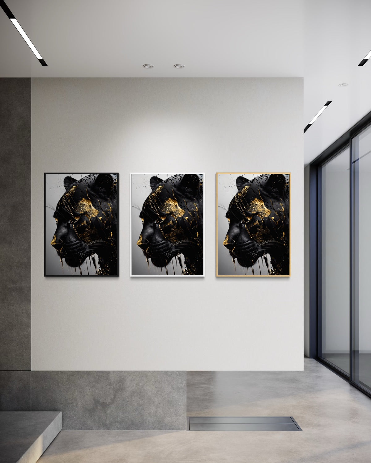 Set di 3 stampe incorniciate con profilo di felino nero e oro, formato verticale