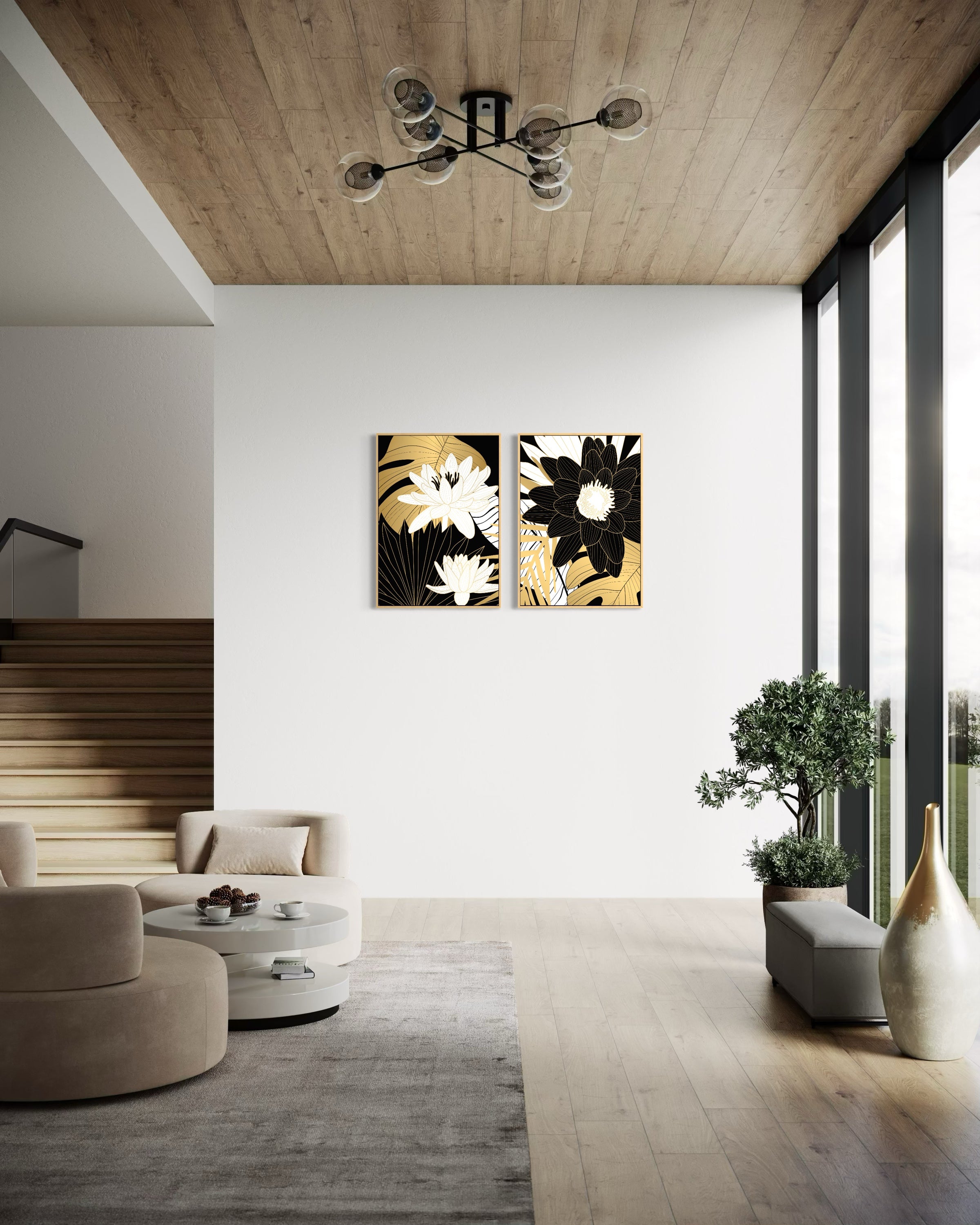 Telainquadro: geometrie tropicali in oro e notte, due quadri con grande fiore nero e foglie