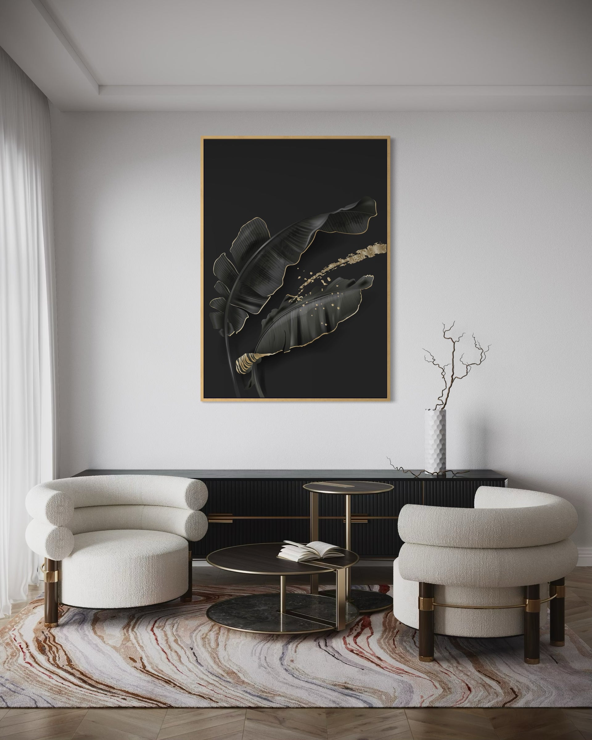 Quadro nero e oro con foglie tropicali, cornice dorata