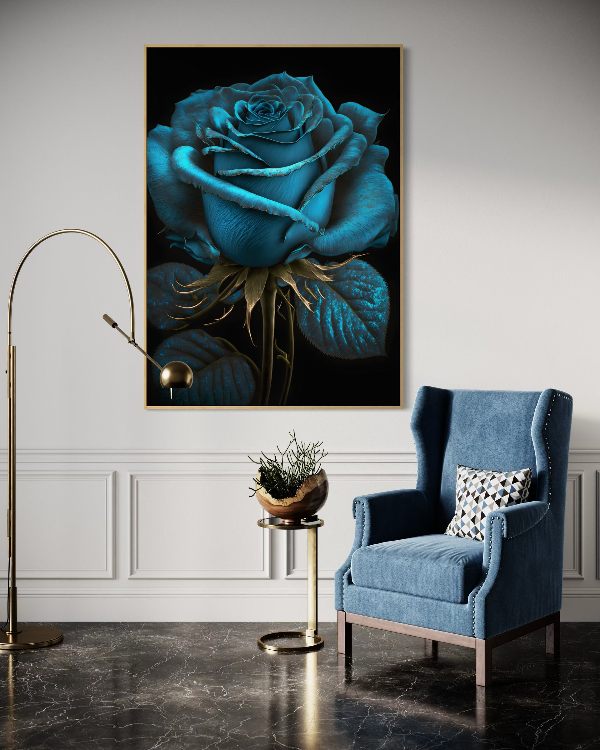 Rosa Blu Notturno in Oro: rosa blu in cornice dorata, sfondo scuro.