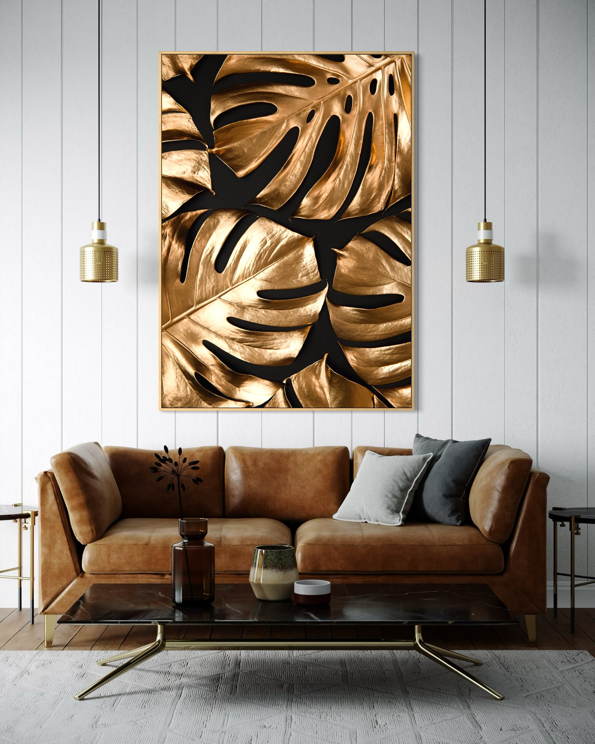 Stampa Monstera con foglie dorate e sfondo nero, cornice oro.