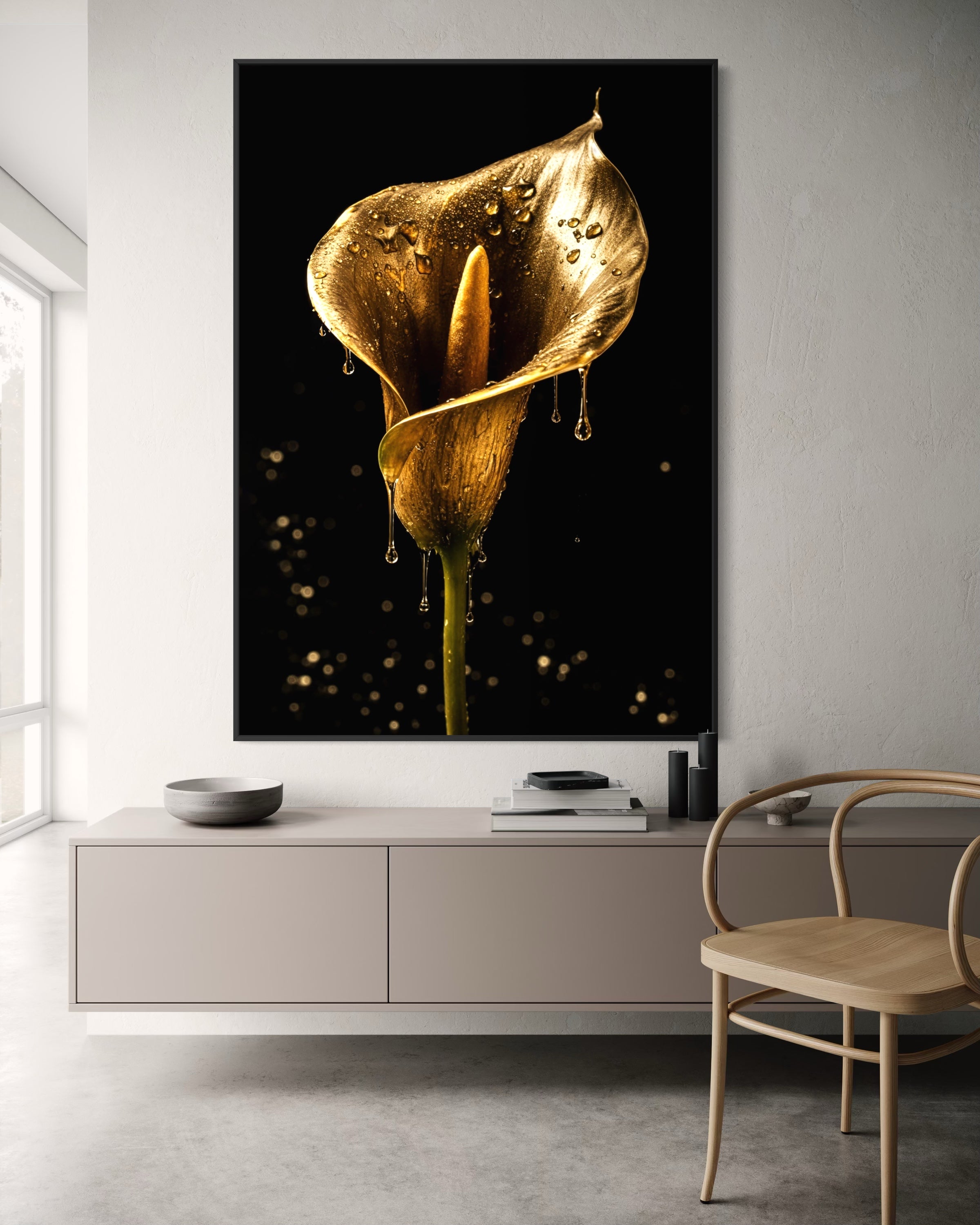 Riflessi dell'anima: quadro con fiori dorati e gocce, sfondo scuro