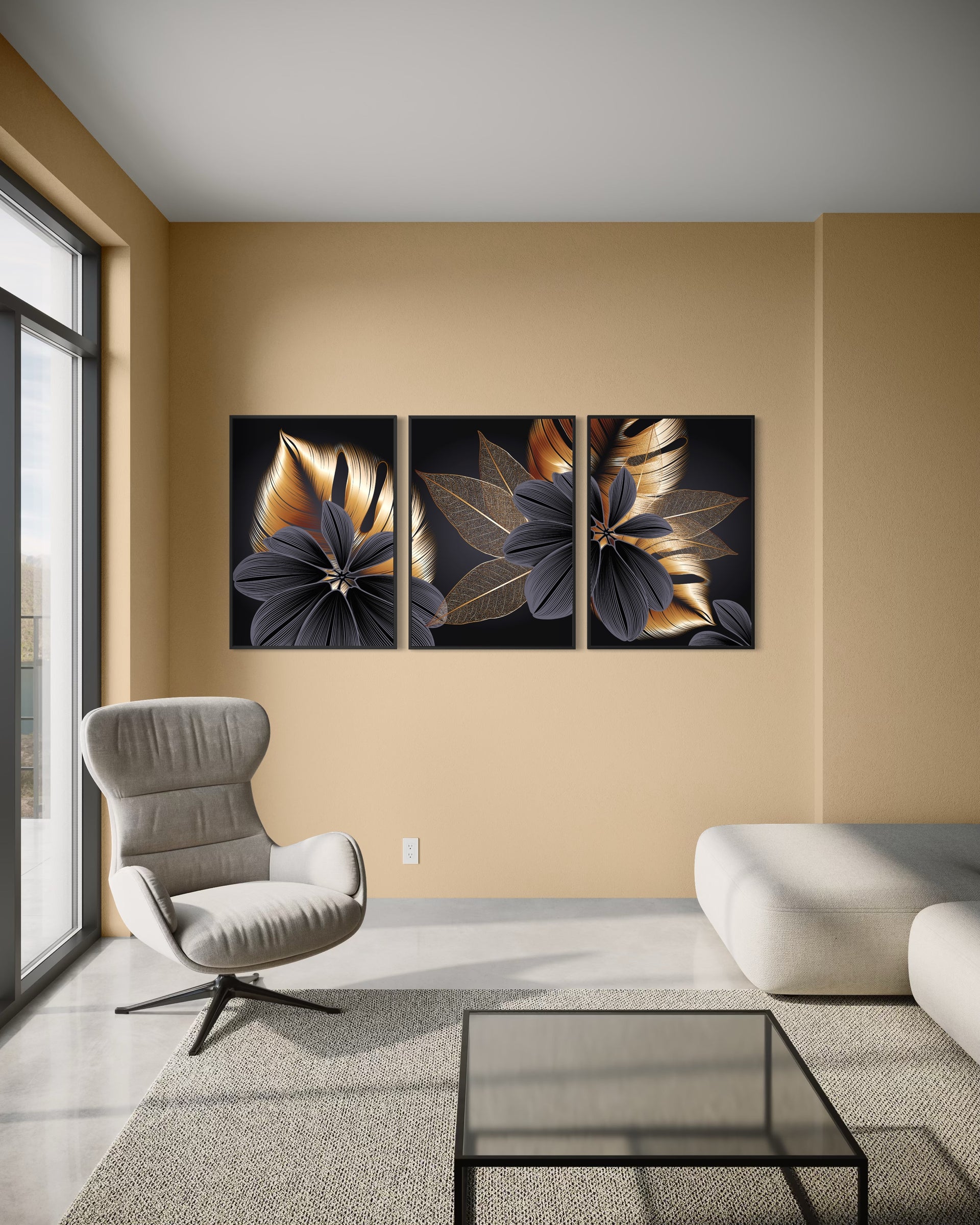 Danza Botanica, trittico botanico con cornici nere e fiori astratti oro e blu