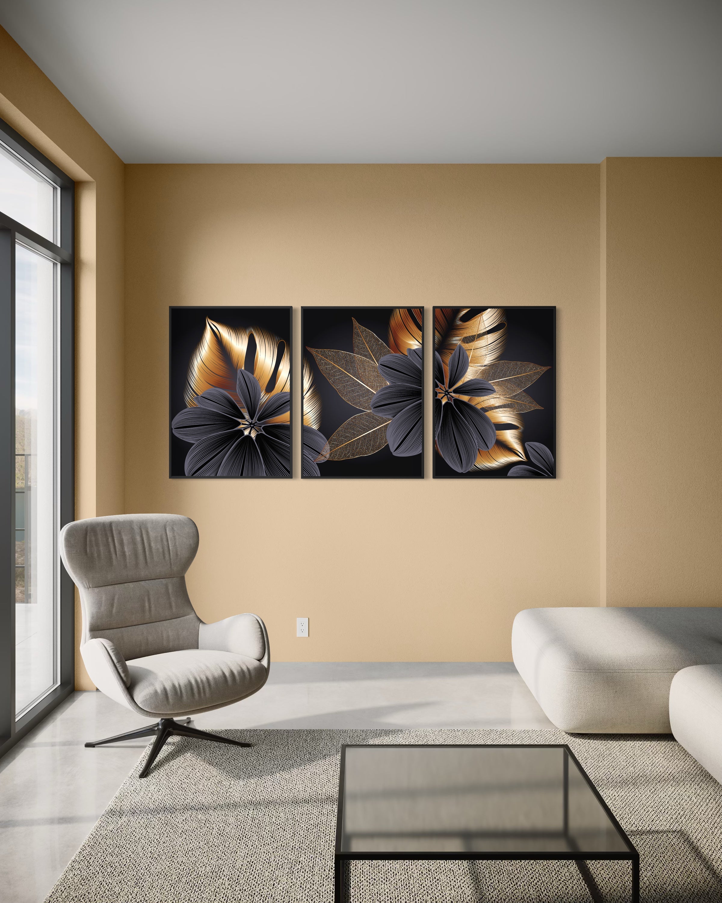 Danza Botanica, trittico botanico con cornici nere e fiori astratti oro e blu