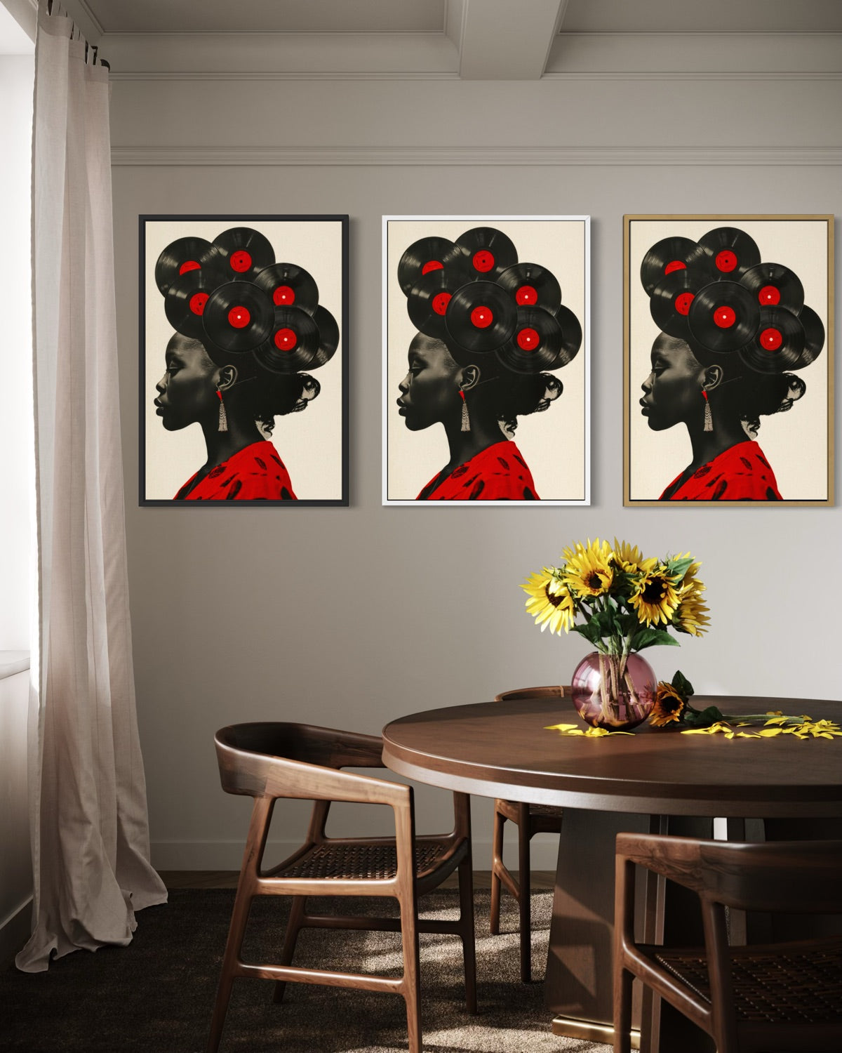 Set di 3 stampe incorniciate con silhouette donna e dischi in vinile rossi, cornice oro