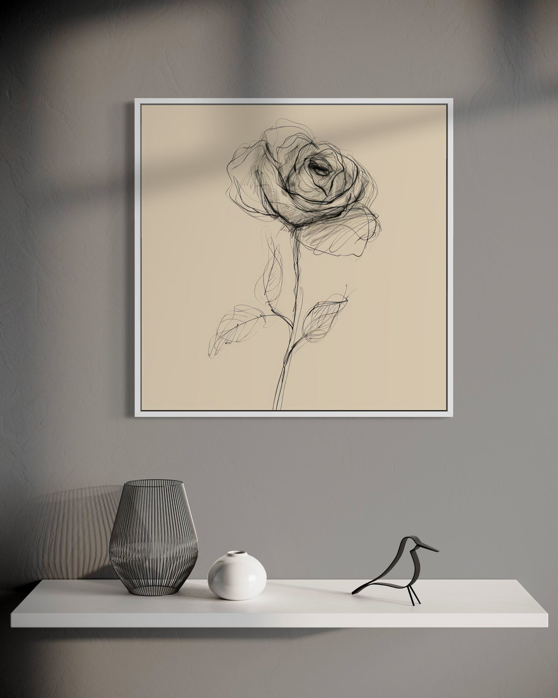 Amarti: stampa incorniciata con rosa a linee su fondo chiaro, cornice bianca