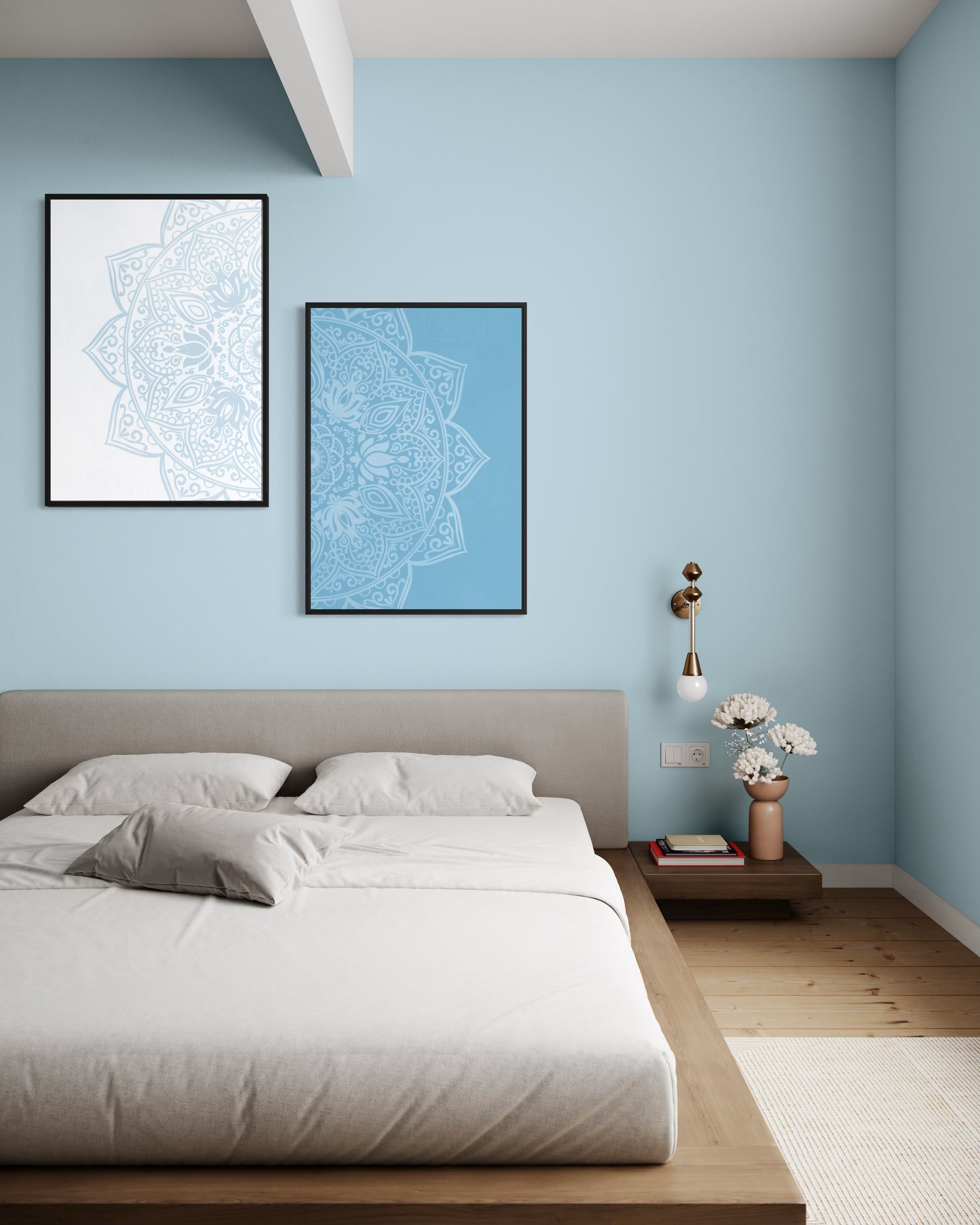 Stampa Mandala blu chiaro, motivo ornamentale, cornice nera