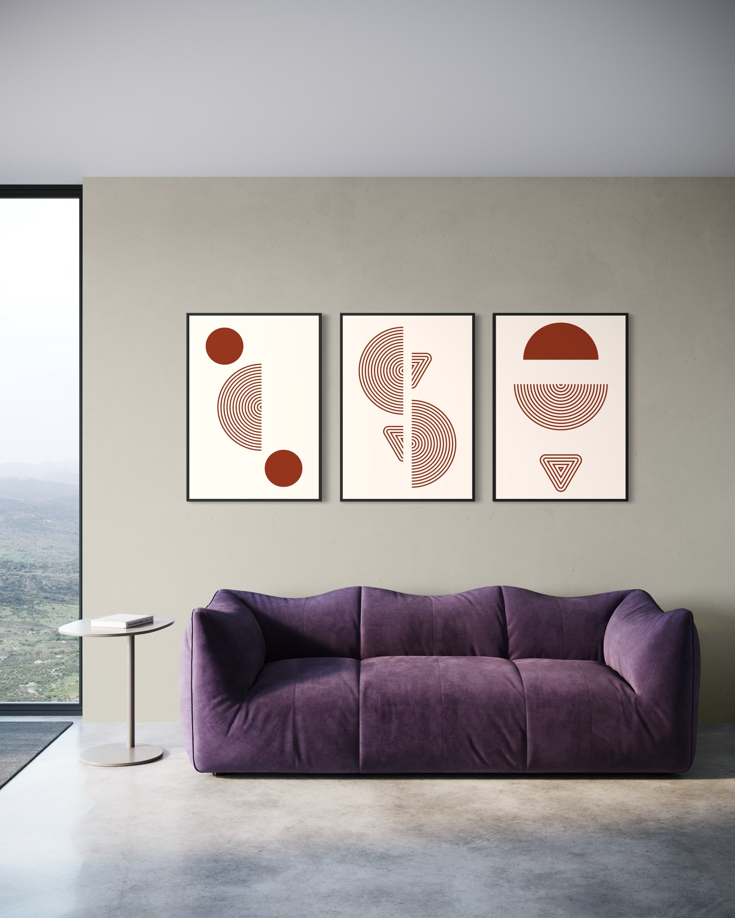 Tris di stampe boho Rosso, incorniciate nere, con cerchi e linee geometriche