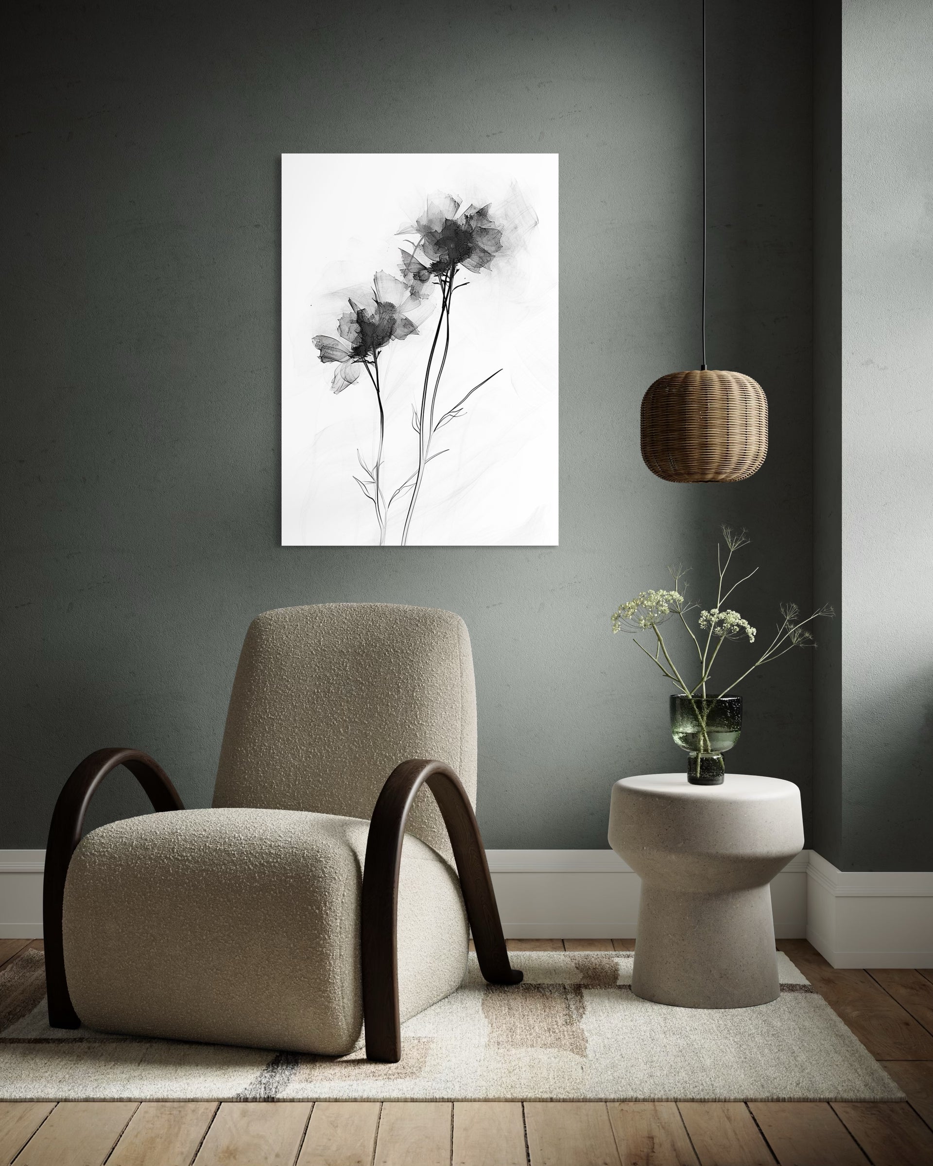 Memory: stampa con fiori grigi su sfondo chiaro