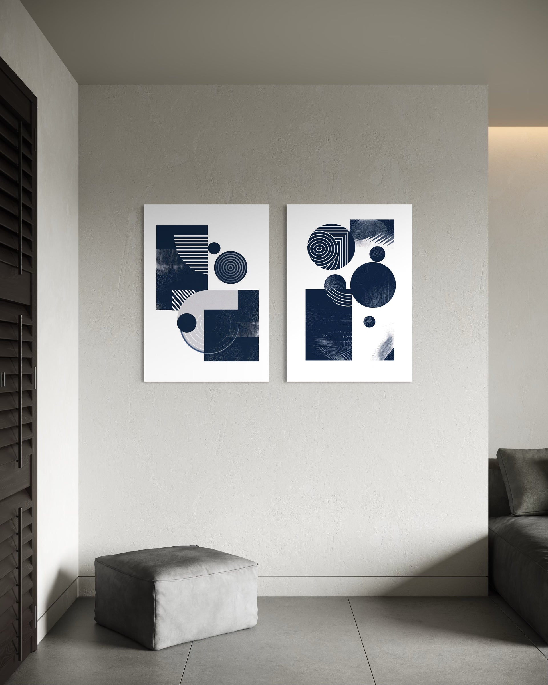 Due stampe geometriche bianco blu con cornice