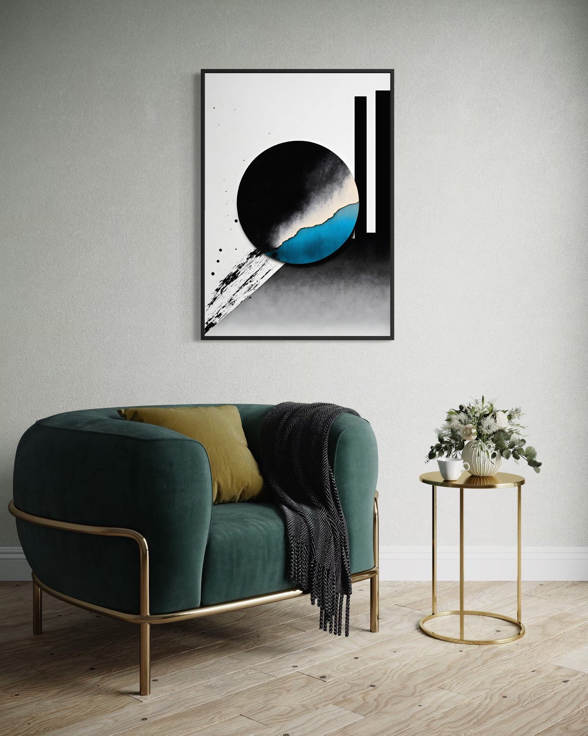 Sfera Line incorniciata con sfera nera e pennellate azzurro/turchese
