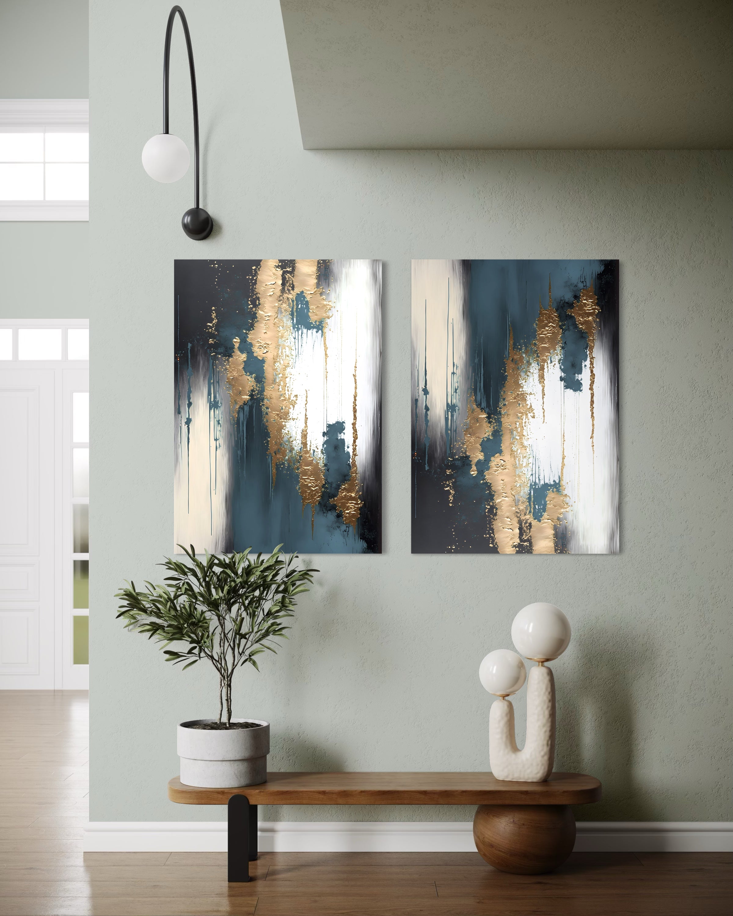 Passione elegante doppio: due quadri astratti oro e bianco con sfondo blu
