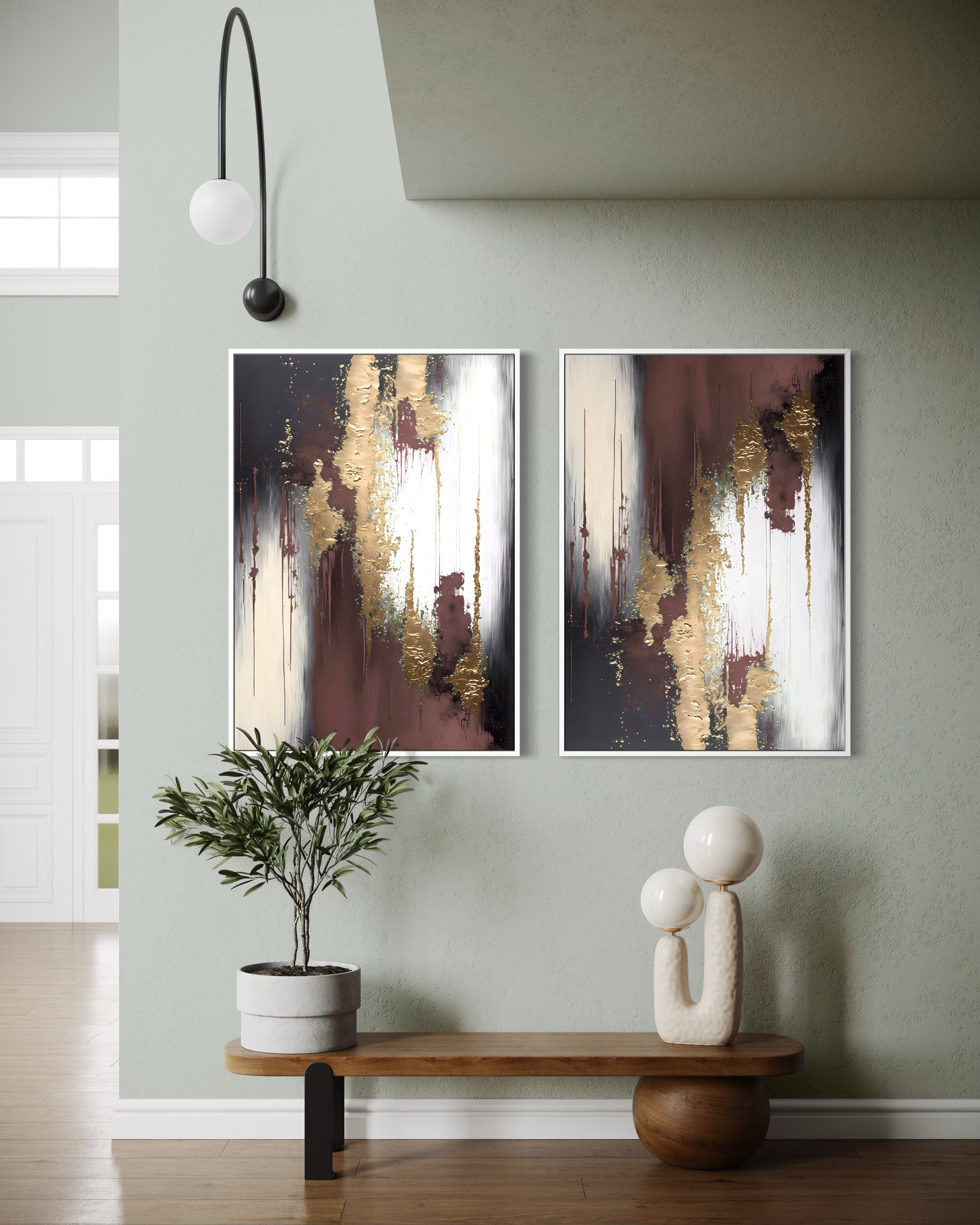 Passione elegante doppio: due quadri astratti oro e bianco su fondo bordeaux scuro
