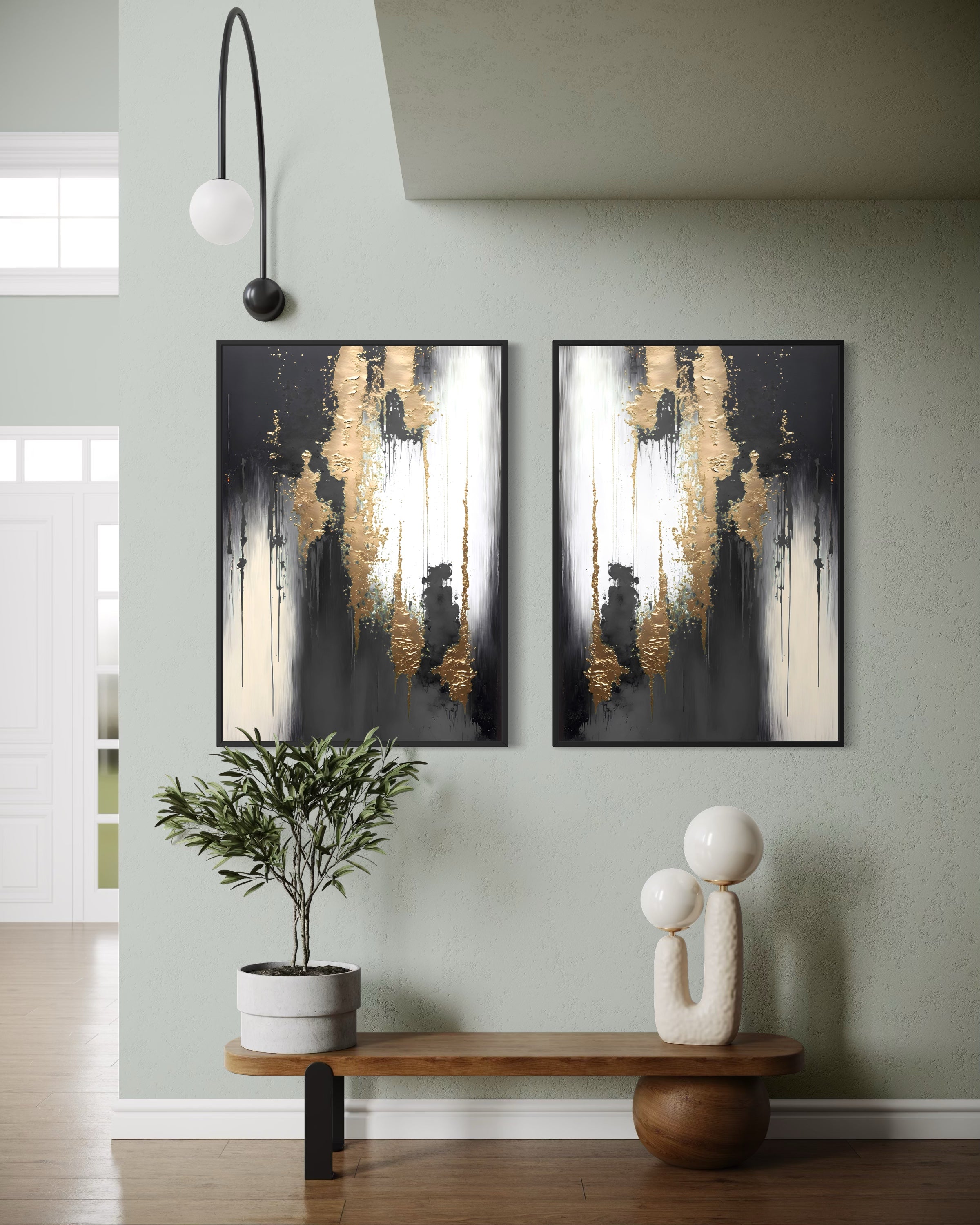 Passione elegante doppio: due quadri astratti oro e bianco su fondo grigio-nero