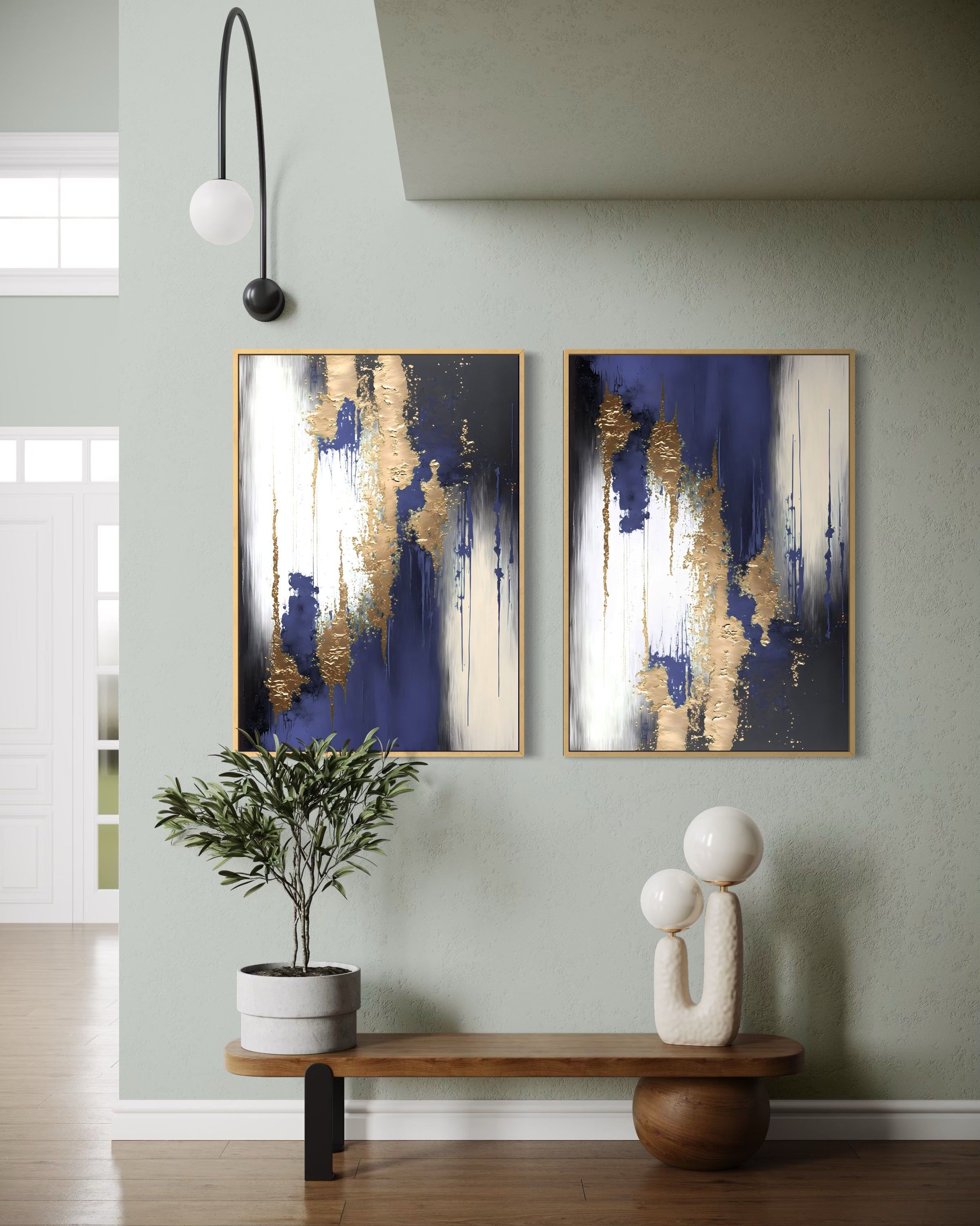 Passione elegante doppio: due quadri astratti oro e bianco con striature blu