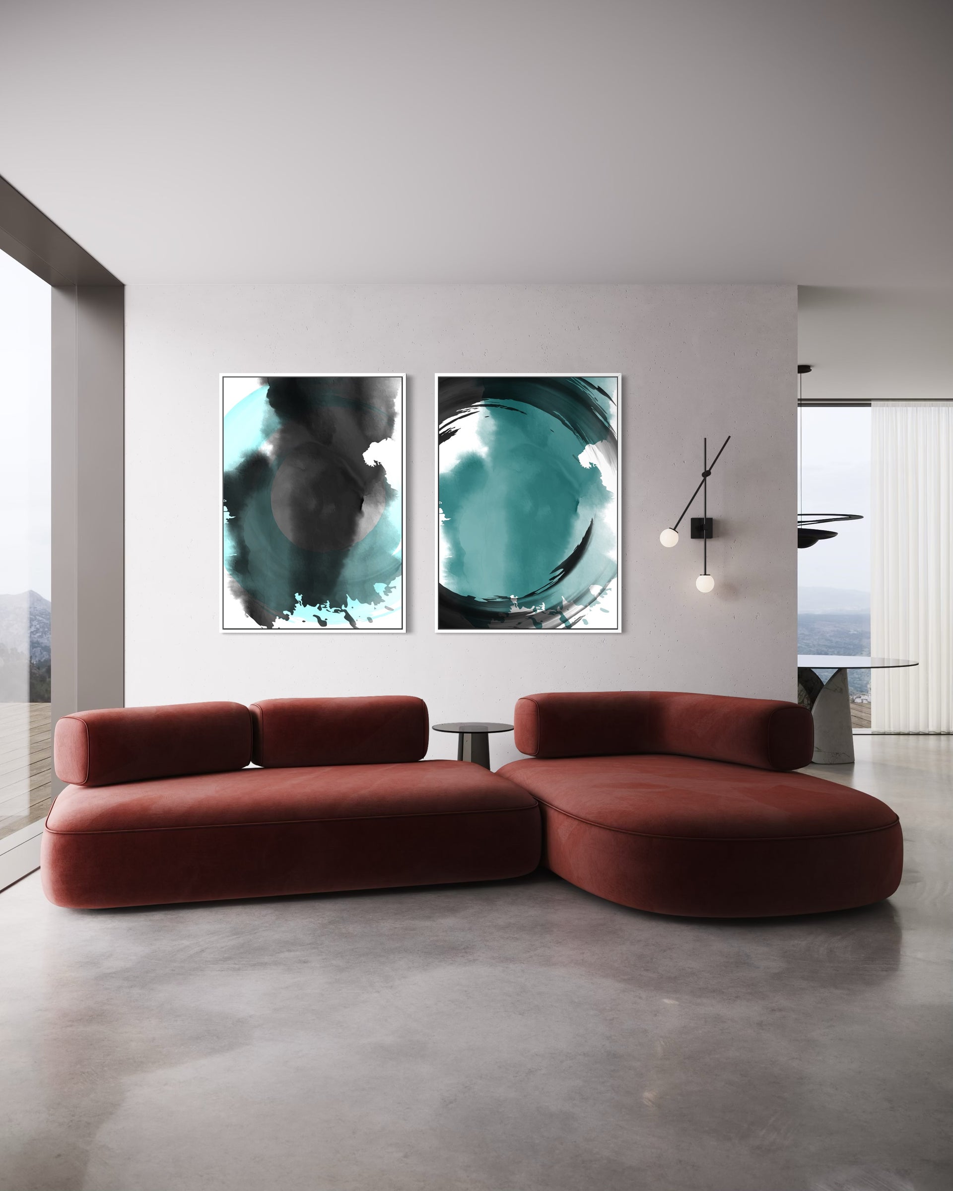 Calore circolare doppio: 2 stampe astratte turchese/nero, cornice scura